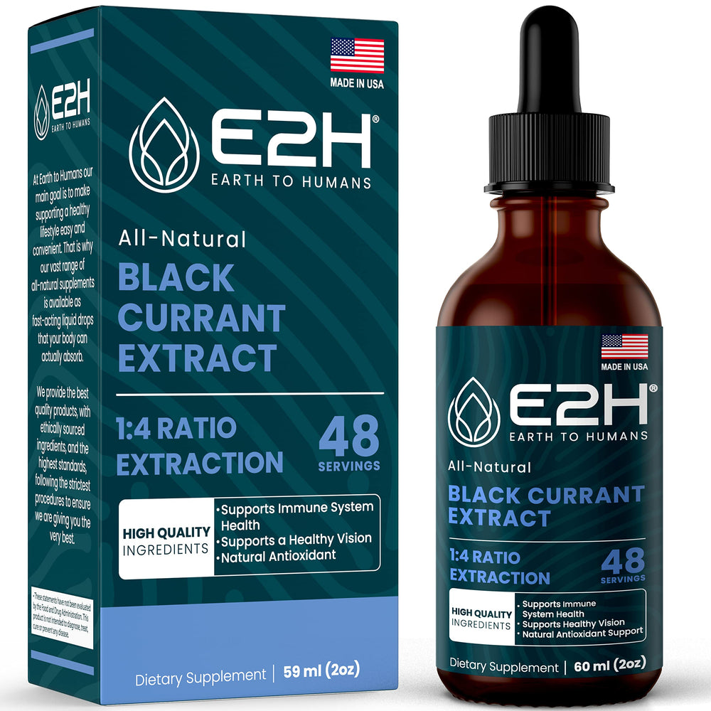 E2H Black Currant Extract bottle with clear label for daily use.