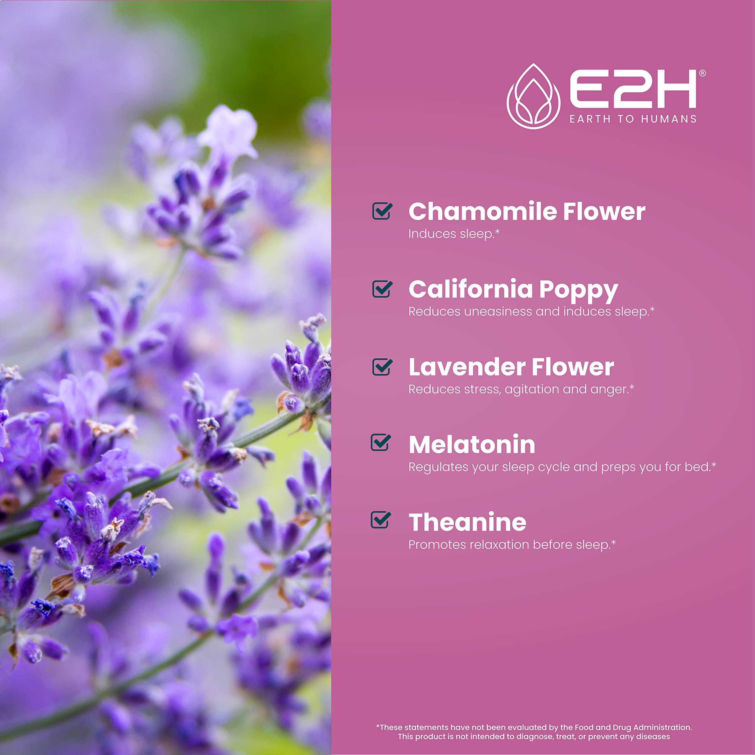 E2H Sleep Support chamomile and lavender scent for relaxation.