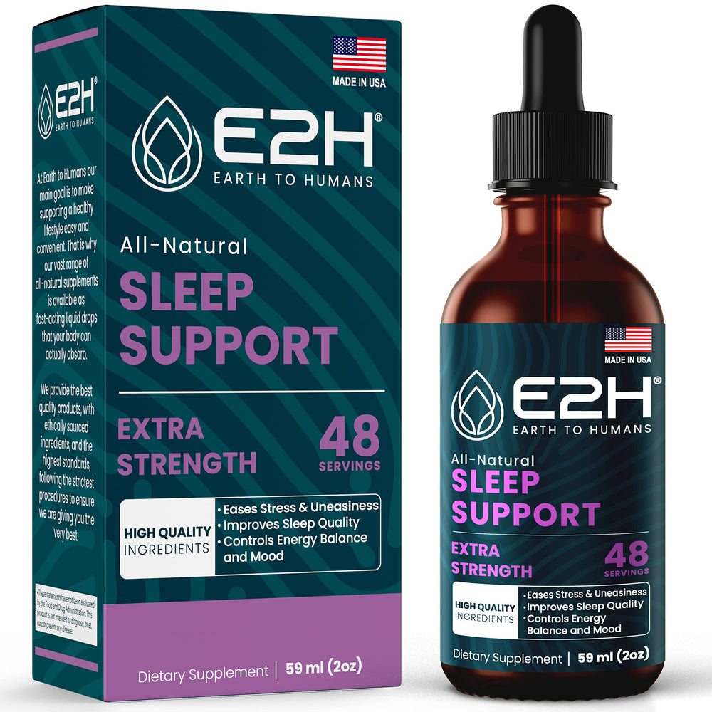 E2H Sleep Support liquid melatonin bottle promotes a restful night.
