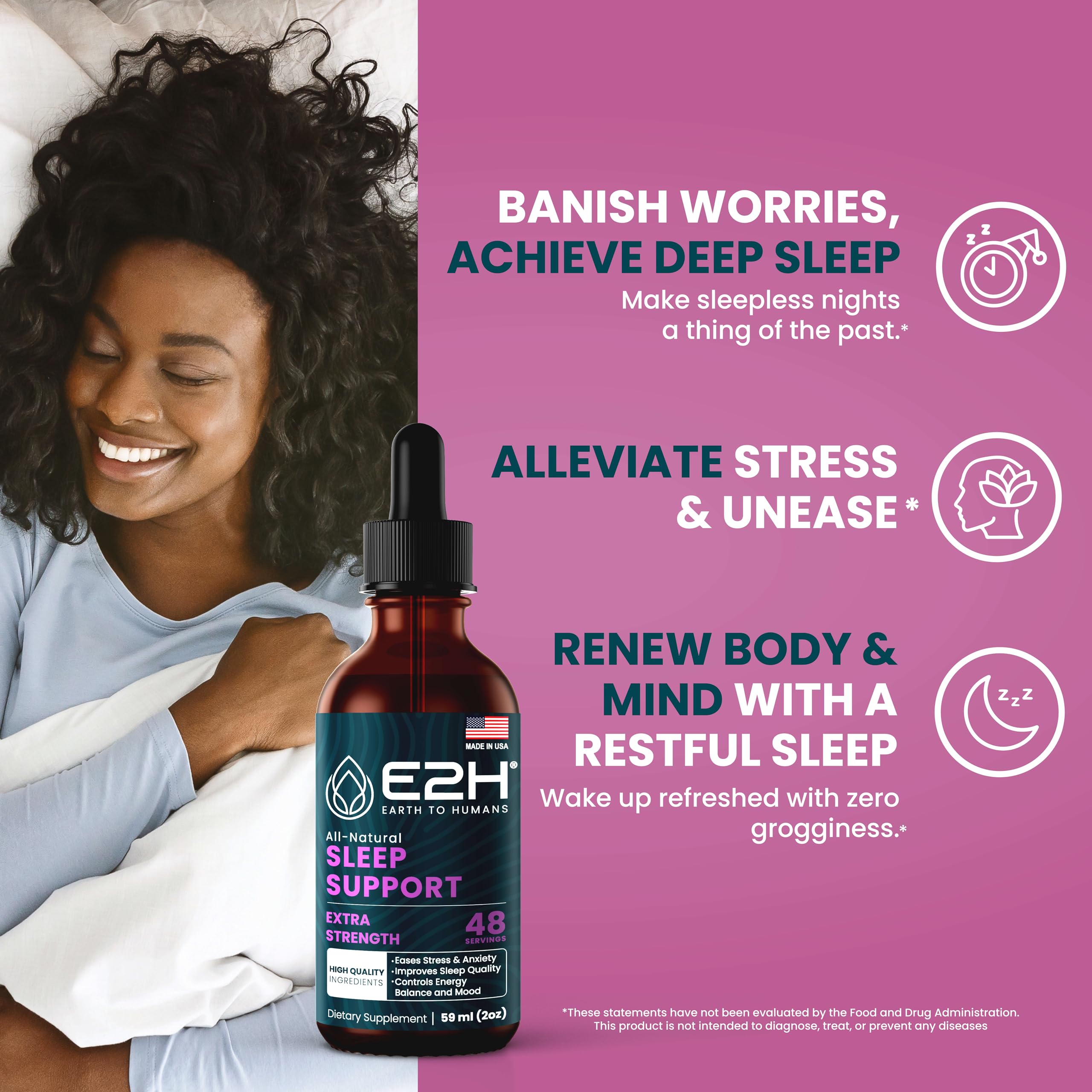 Close-up of E2H Sleep Support liquid drops for quick sleep onset.