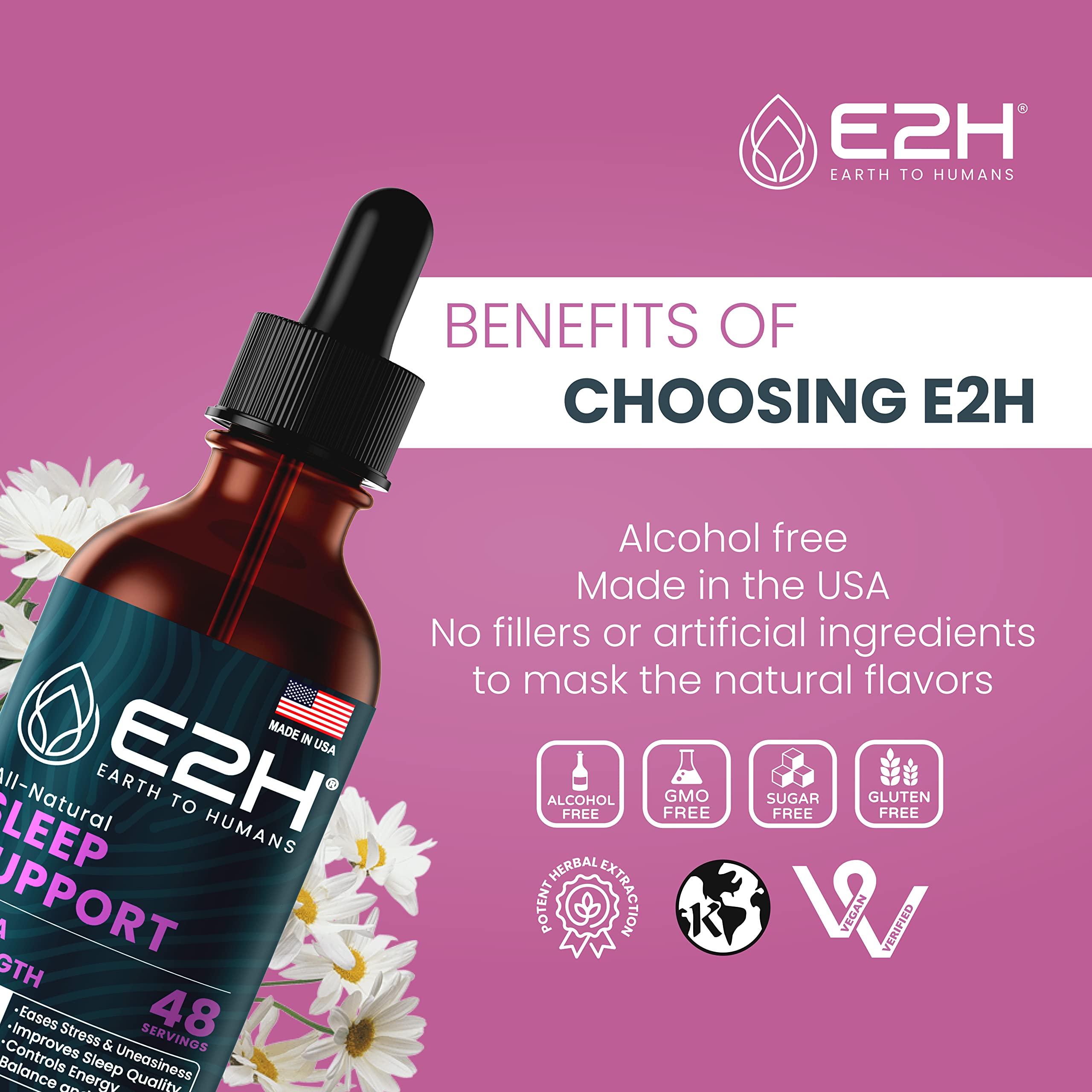 Nighttime routine scene with E2H Sleep Support bottle suggesting calmer rest.