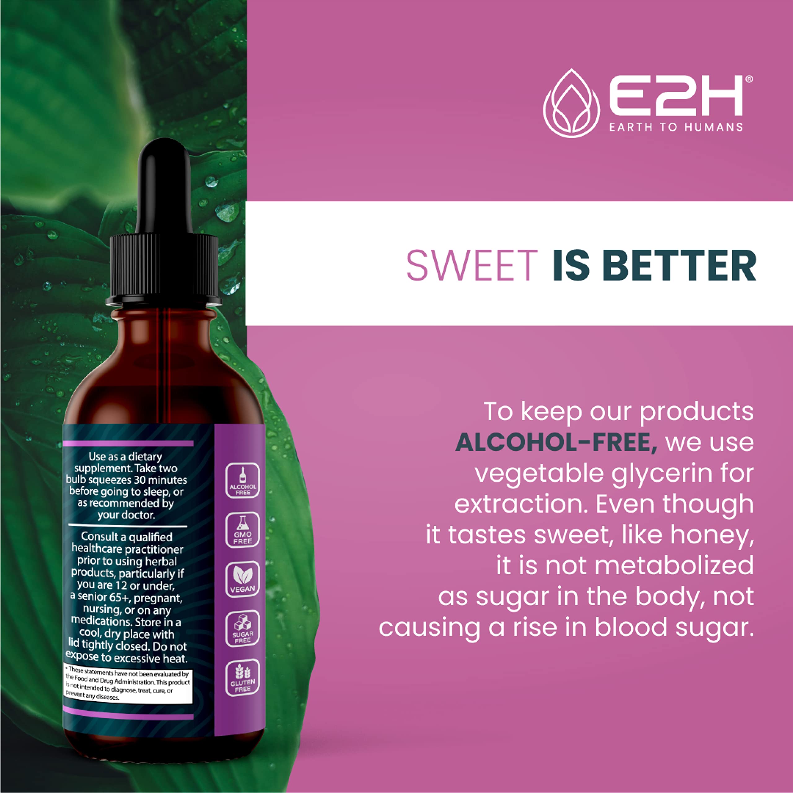 E2H Sleep Support vegan, gluten-free and sugar-free label.