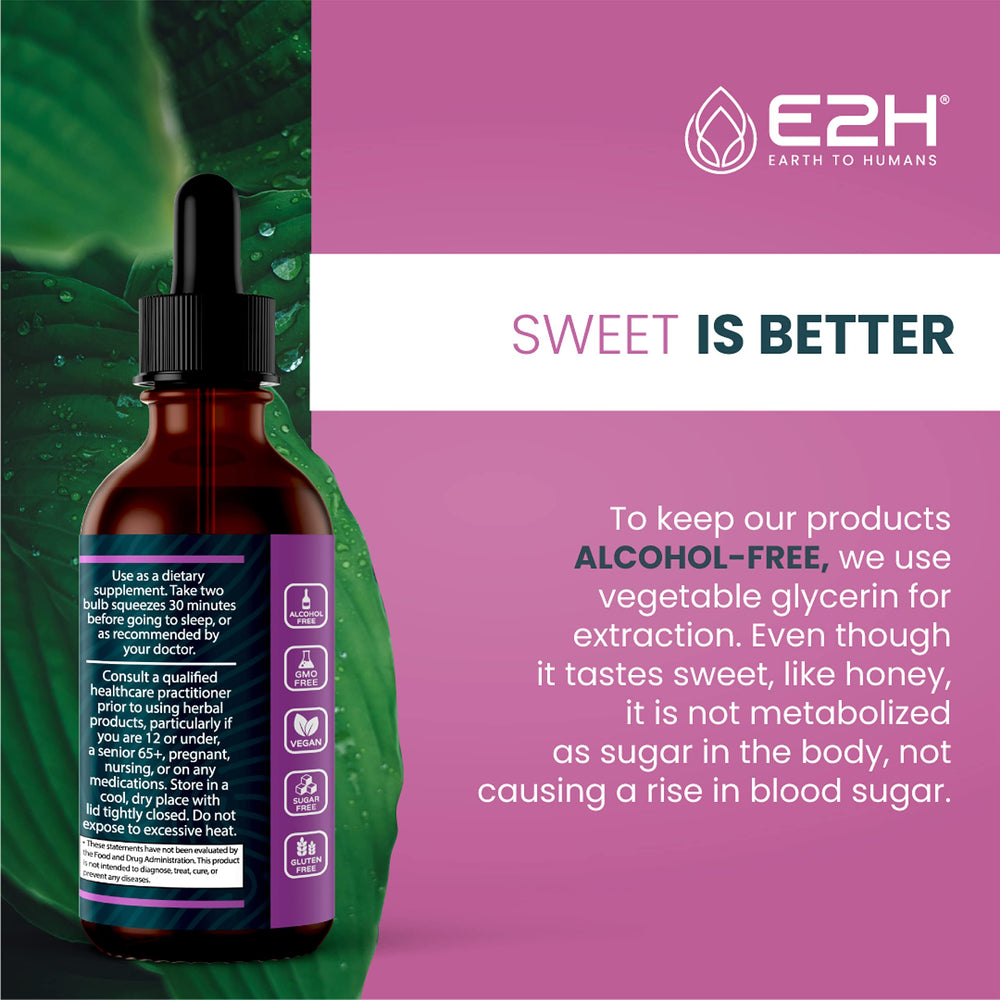 E2H Sleep Support vegan, gluten-free and sugar-free label.