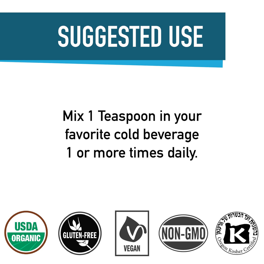 Glass of prepared Blue Majik showing vibrant blue color for easy daily mix.