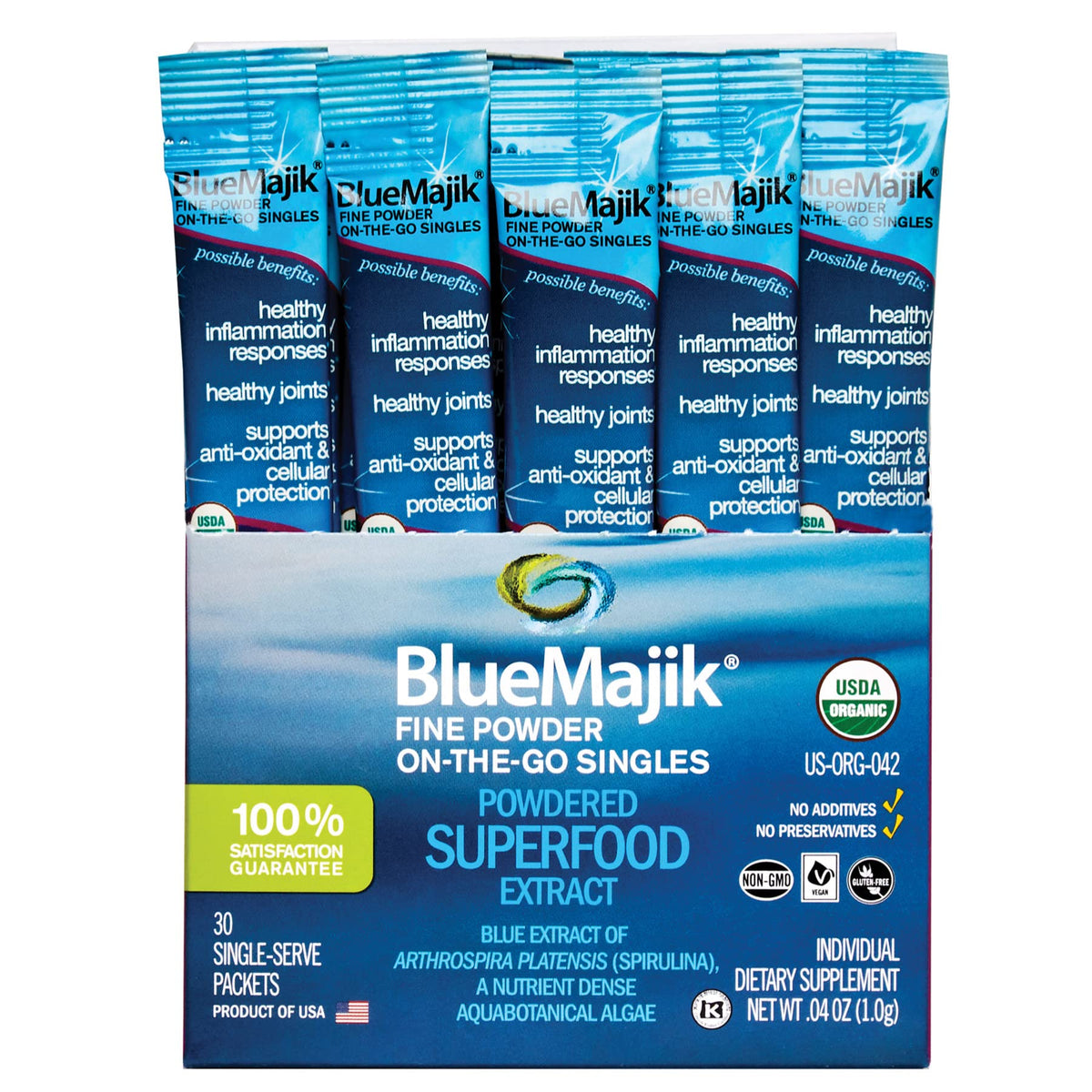E3LIVE Blue Majik On-The-Go Singles package for a convenient greens boost on the go.