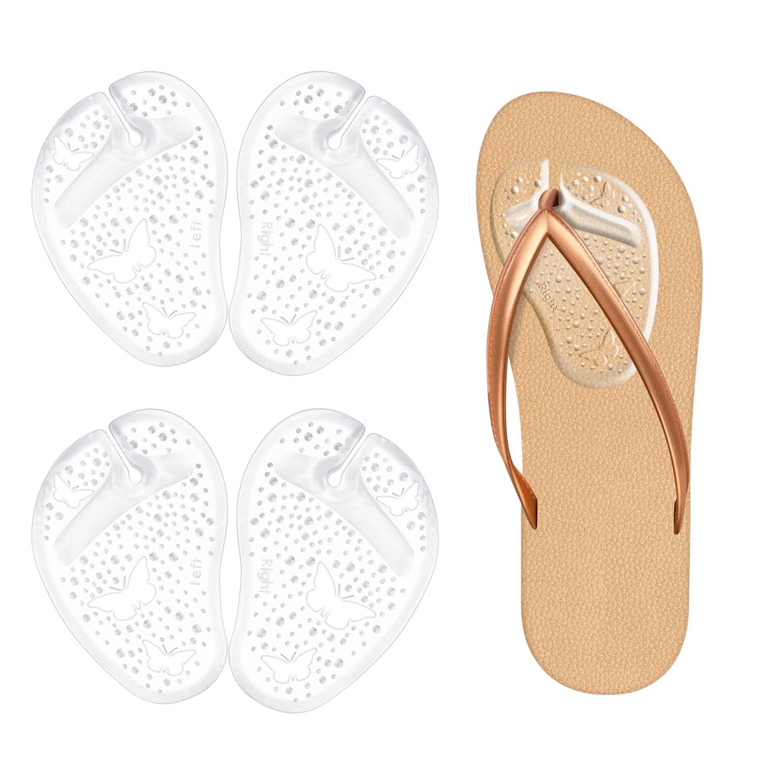 EACOZY gel metatarsal pad on flip-flop for comfort and shock absorption.