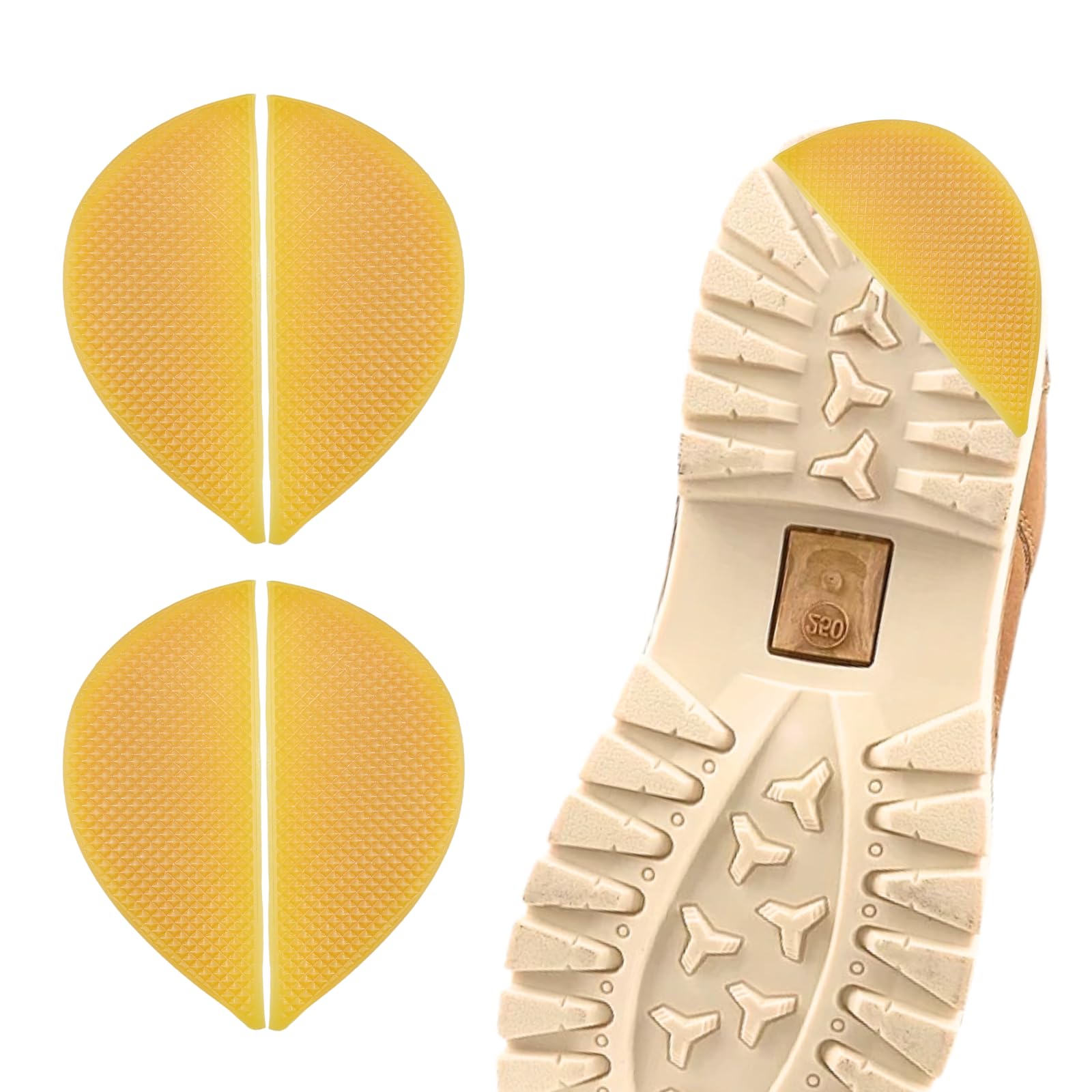 EACOZY yellow heel patch closeup showing durable, flexible rubber for worn heels