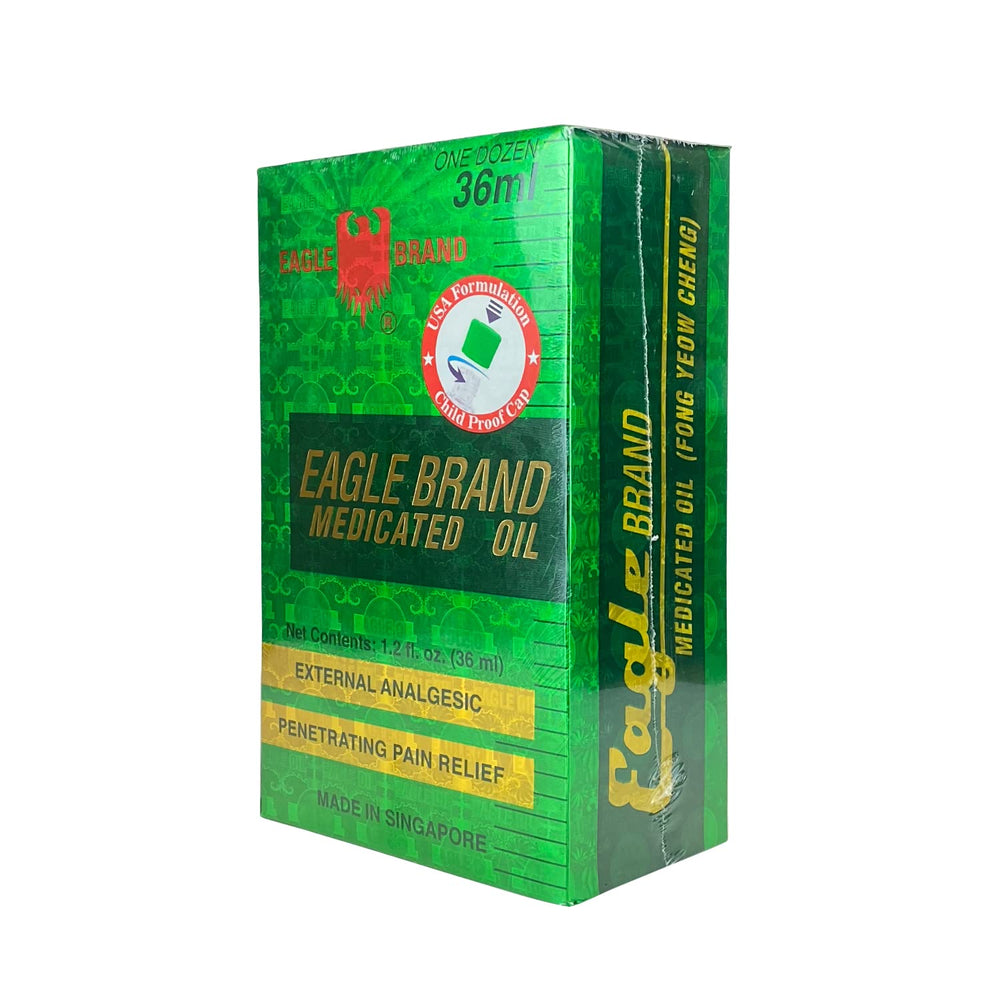 Eagle Brand medicated oil label shows natural eucalyptus, rose, and mint oils.