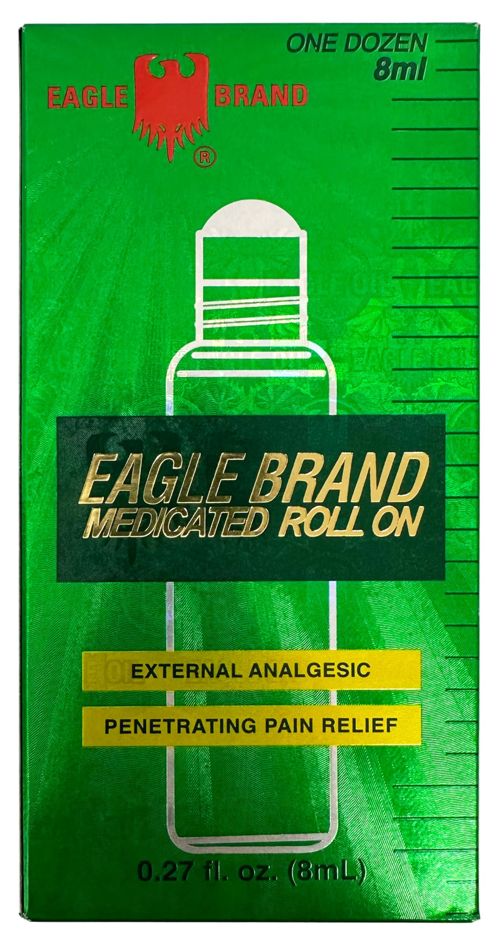 Eagle Brand Medicated Oil Roll-On bottle close-up, compact 0.27 oz size.