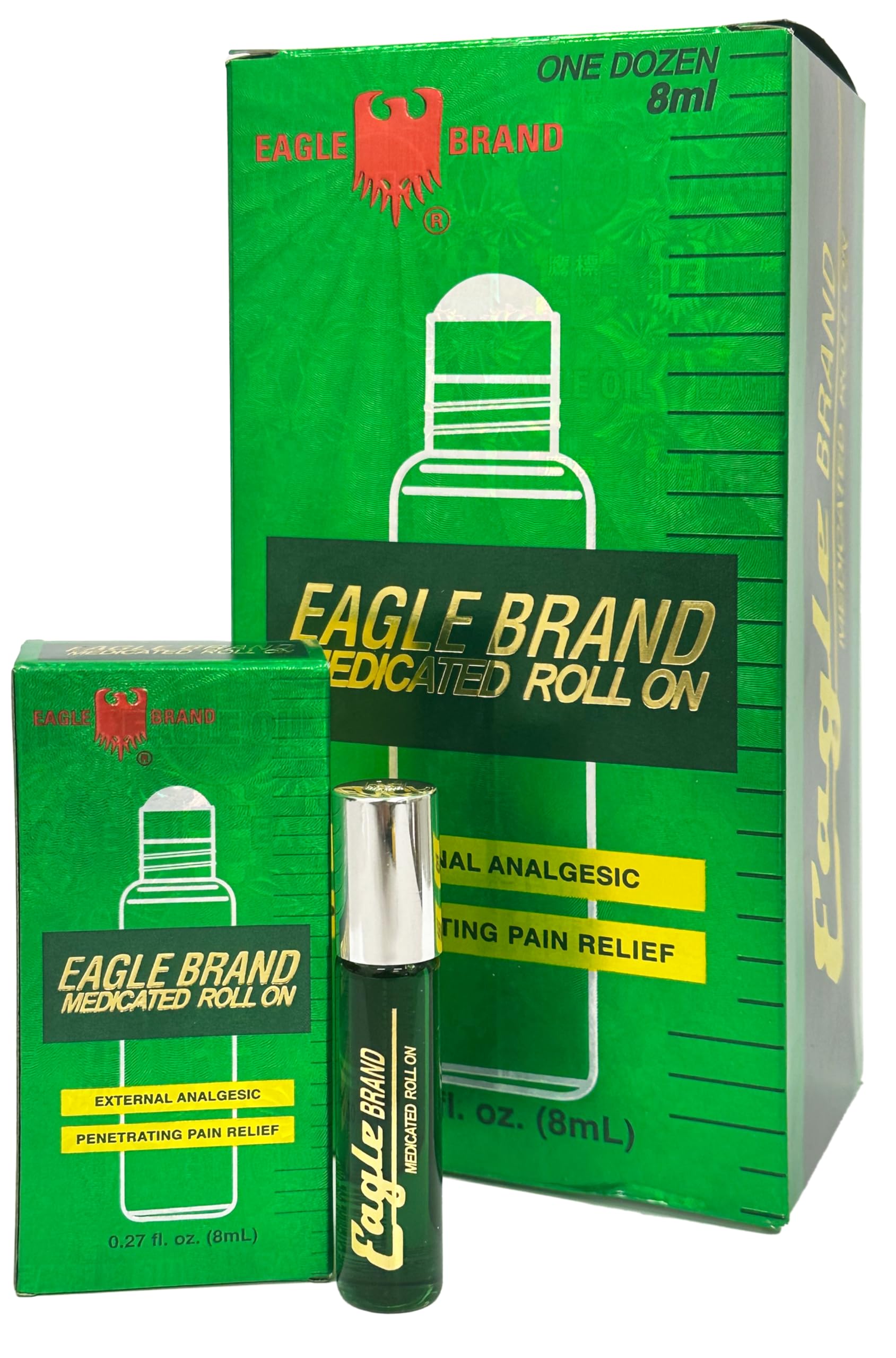 Eagle Brand Medicated Oil Roll-On side packaging view, 12-pack convenience.