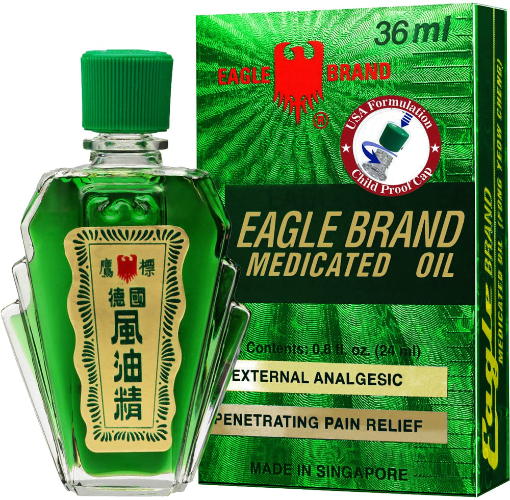 Eagle Brand medicated oil in compact box ready for travel.
