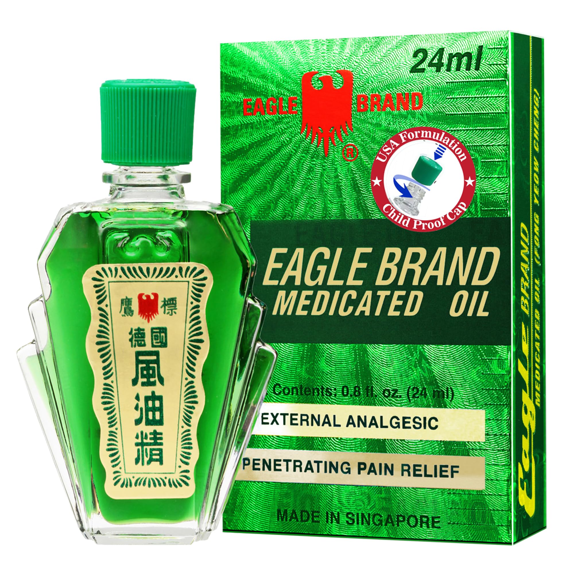 Eagle Brand Natural Medicated Oil green bottle showing herbal blend and refreshing scent.