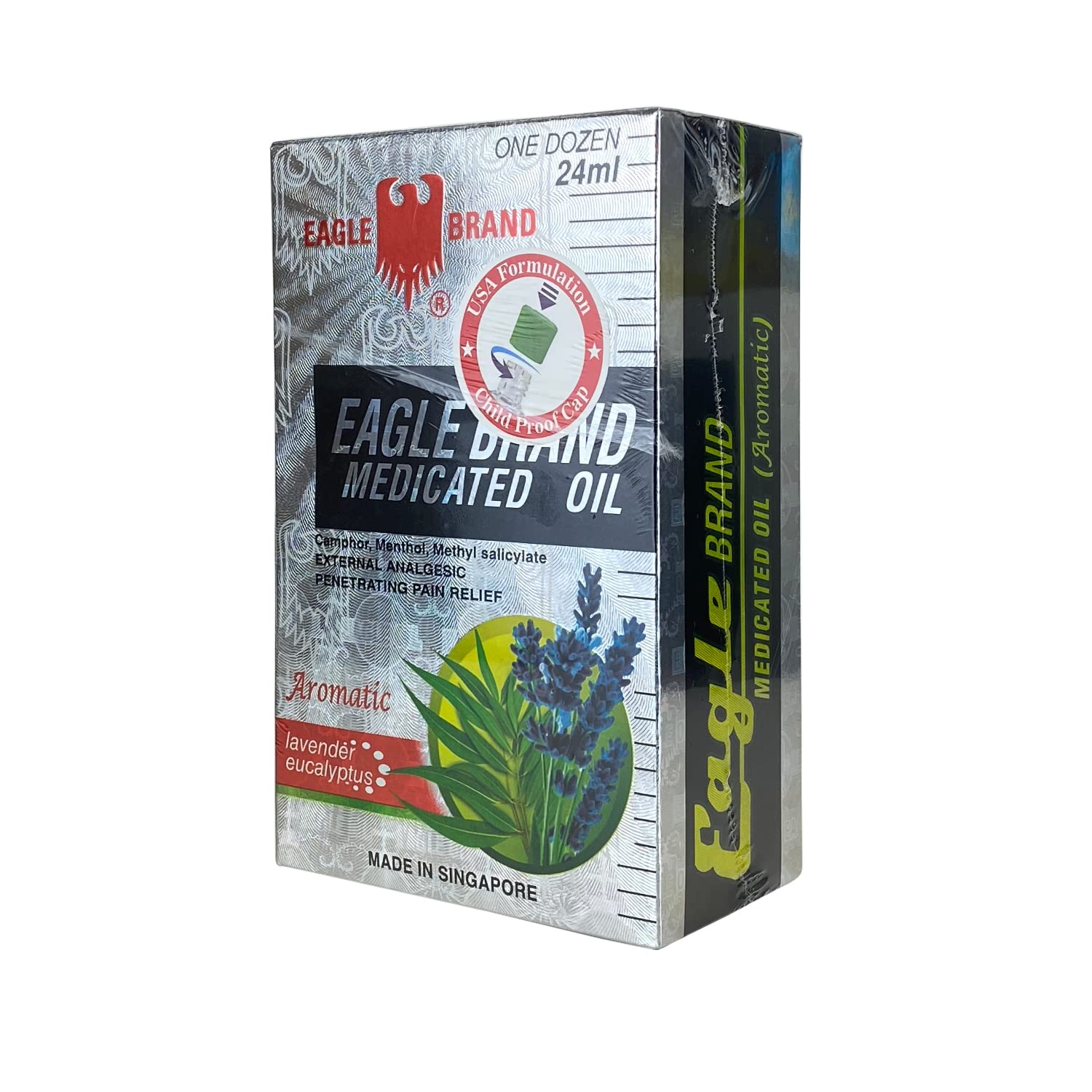 Eagle medicated oil label with lavender-eucalyptus blend for calming scent.