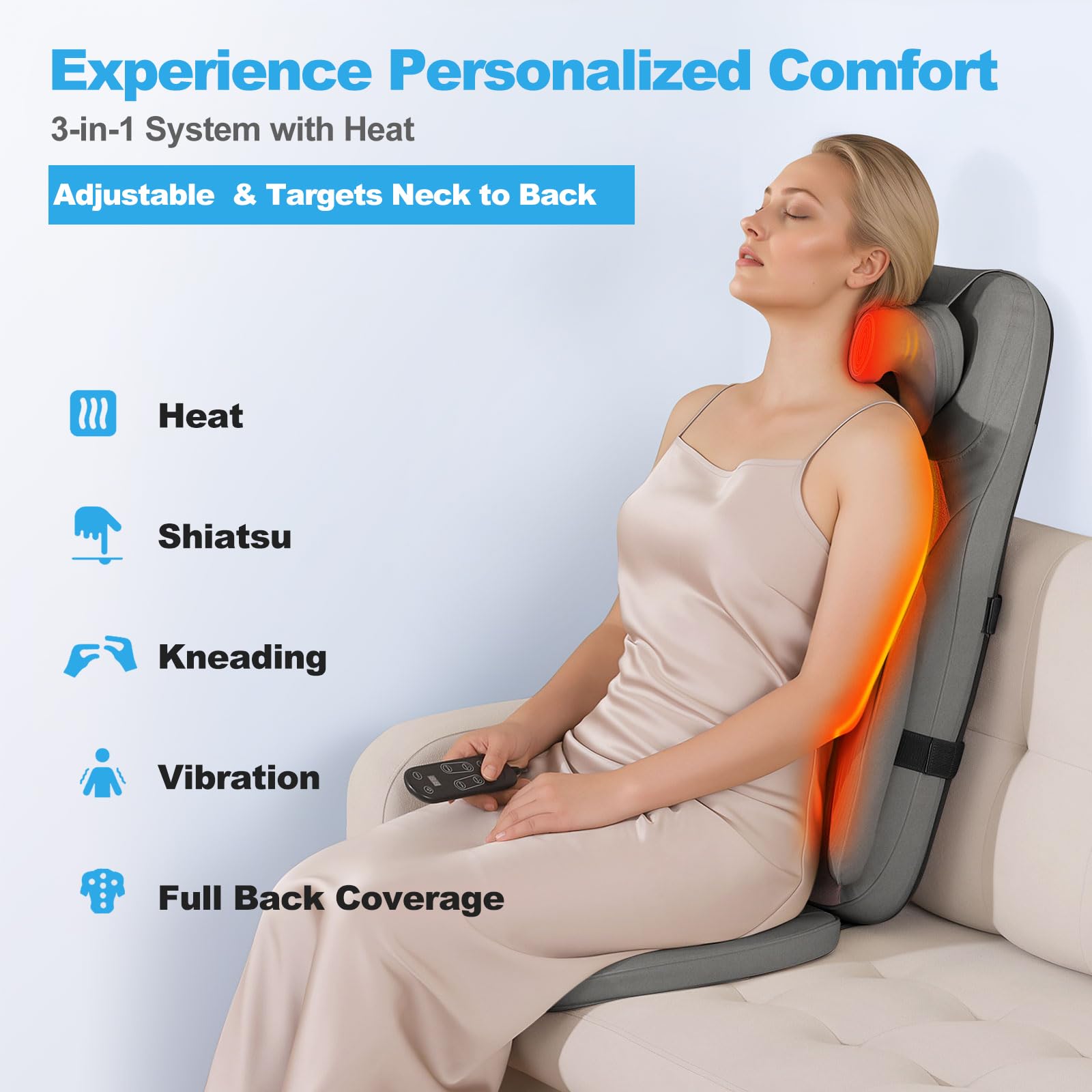 Eagye Shiatsu back massager delivers deep relaxation across the back.