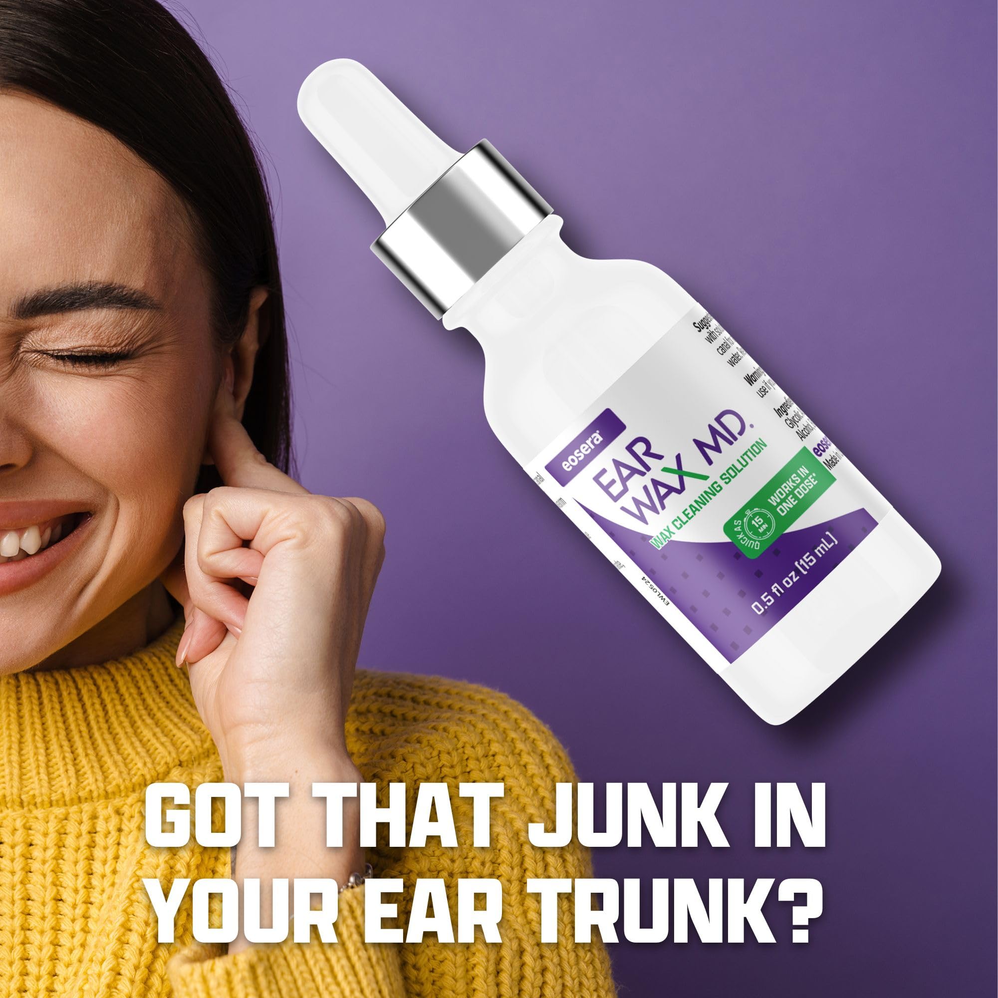 Ear Wax MD demonstrates rapid 15-minute action in a quick-clean frame.