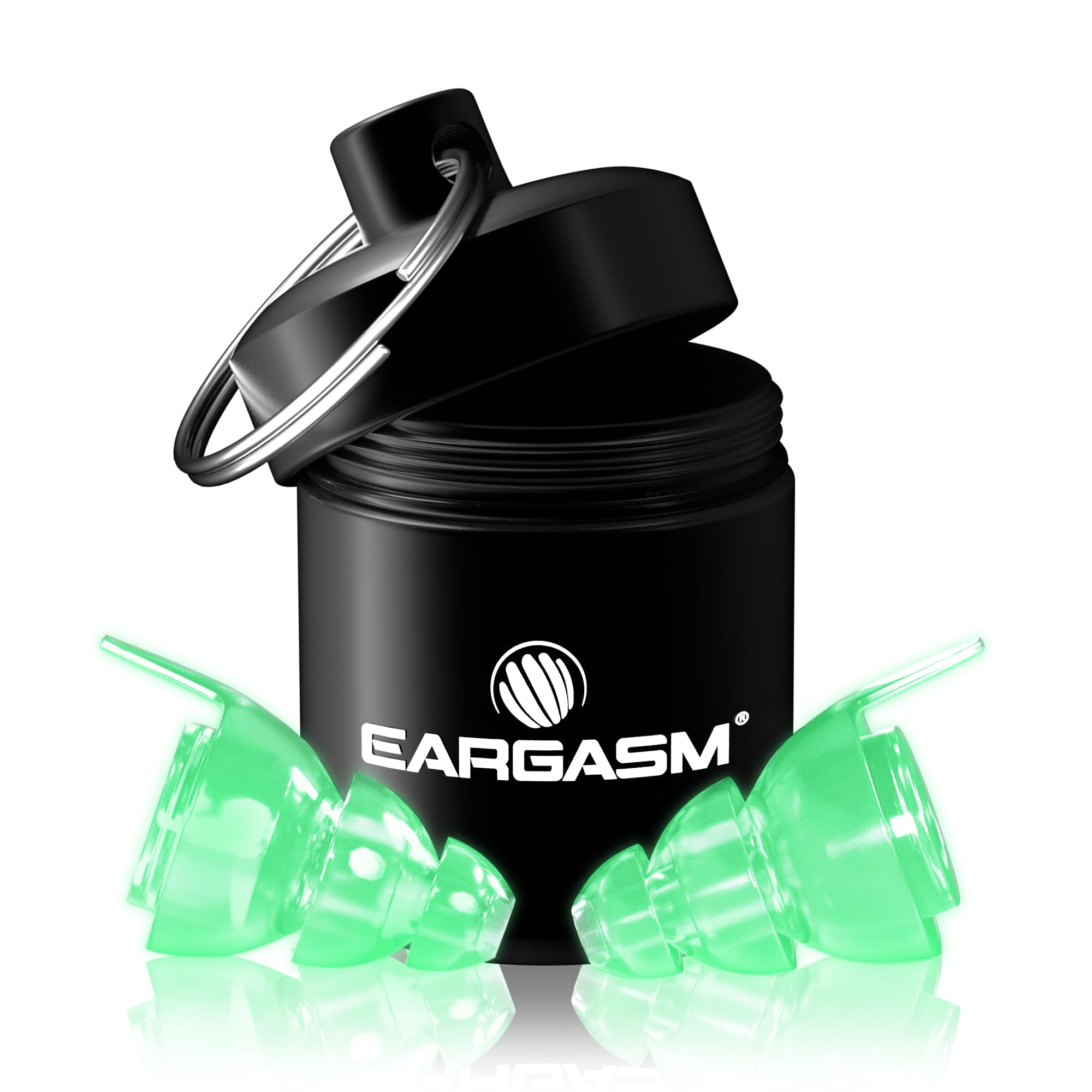 Eargasm Afterglow earplugs glow in hand, portable protection for nights out.