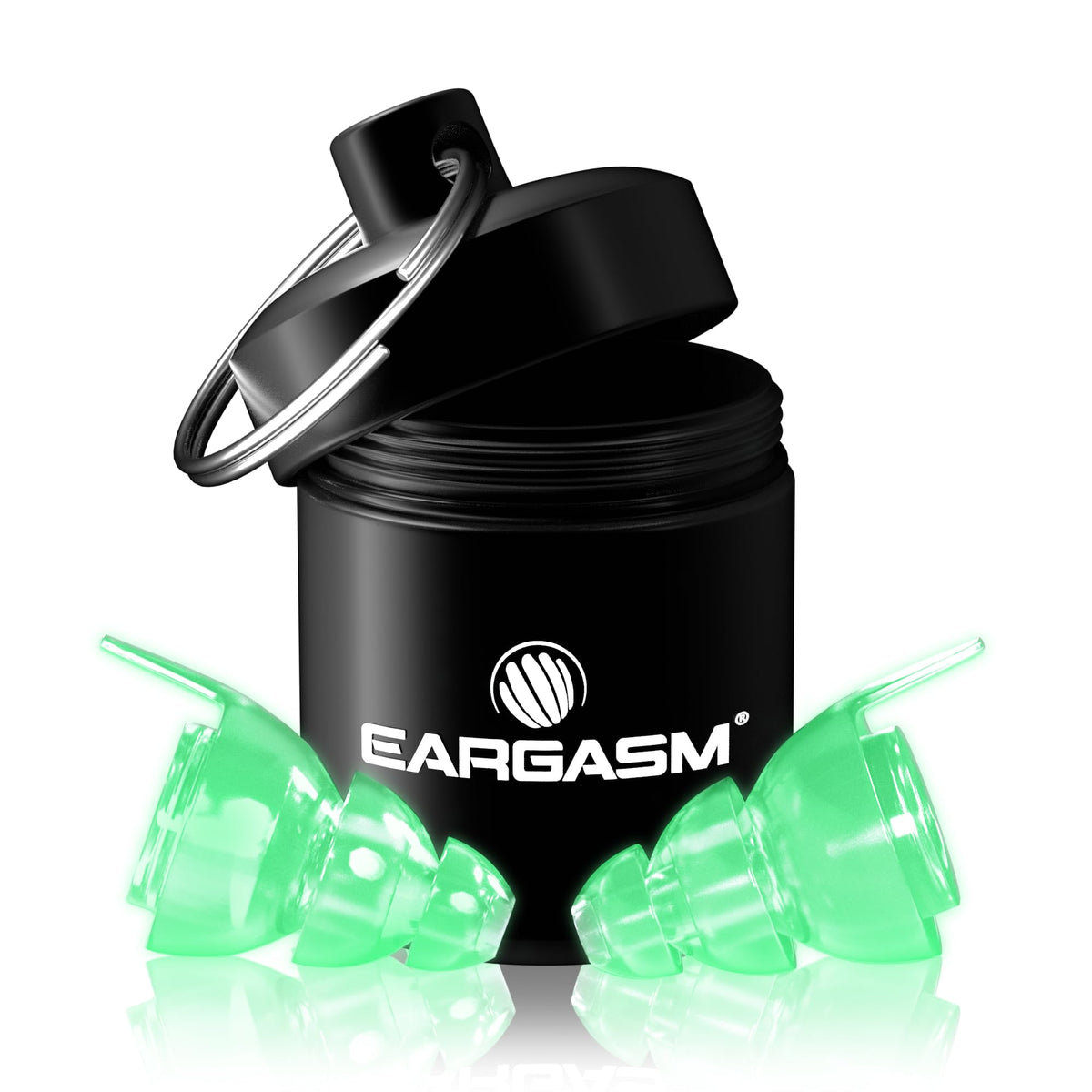 Eargasm Afterglow earplugs glow in hand, portable protection for nights out.