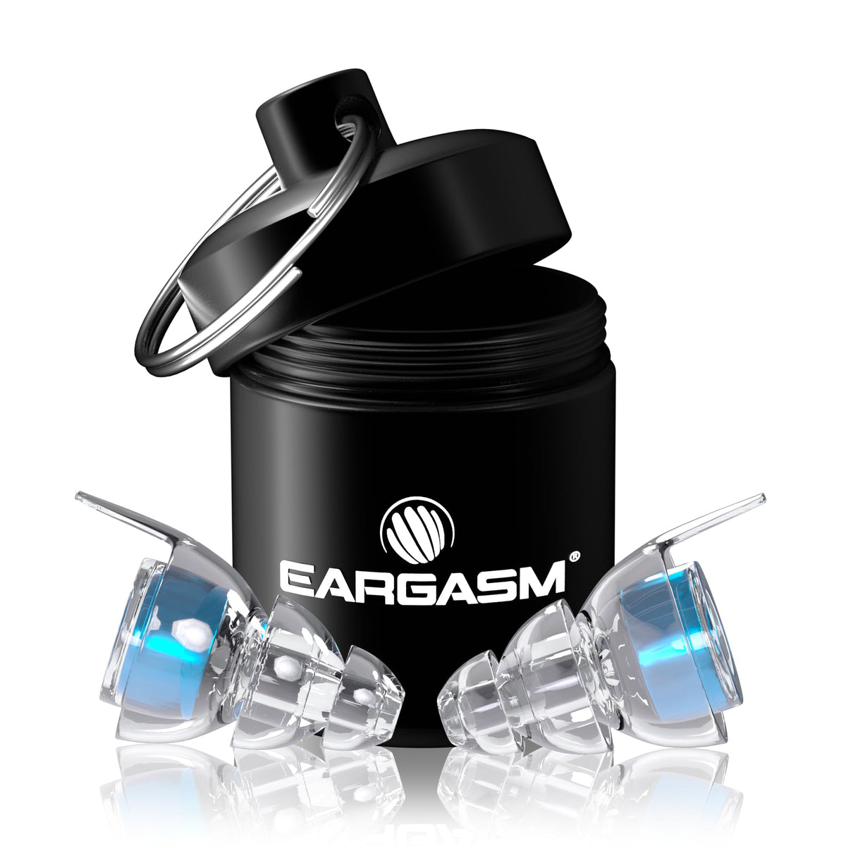 Eargasm blue-filter earplugs at a concert for clear sound at safer volumes