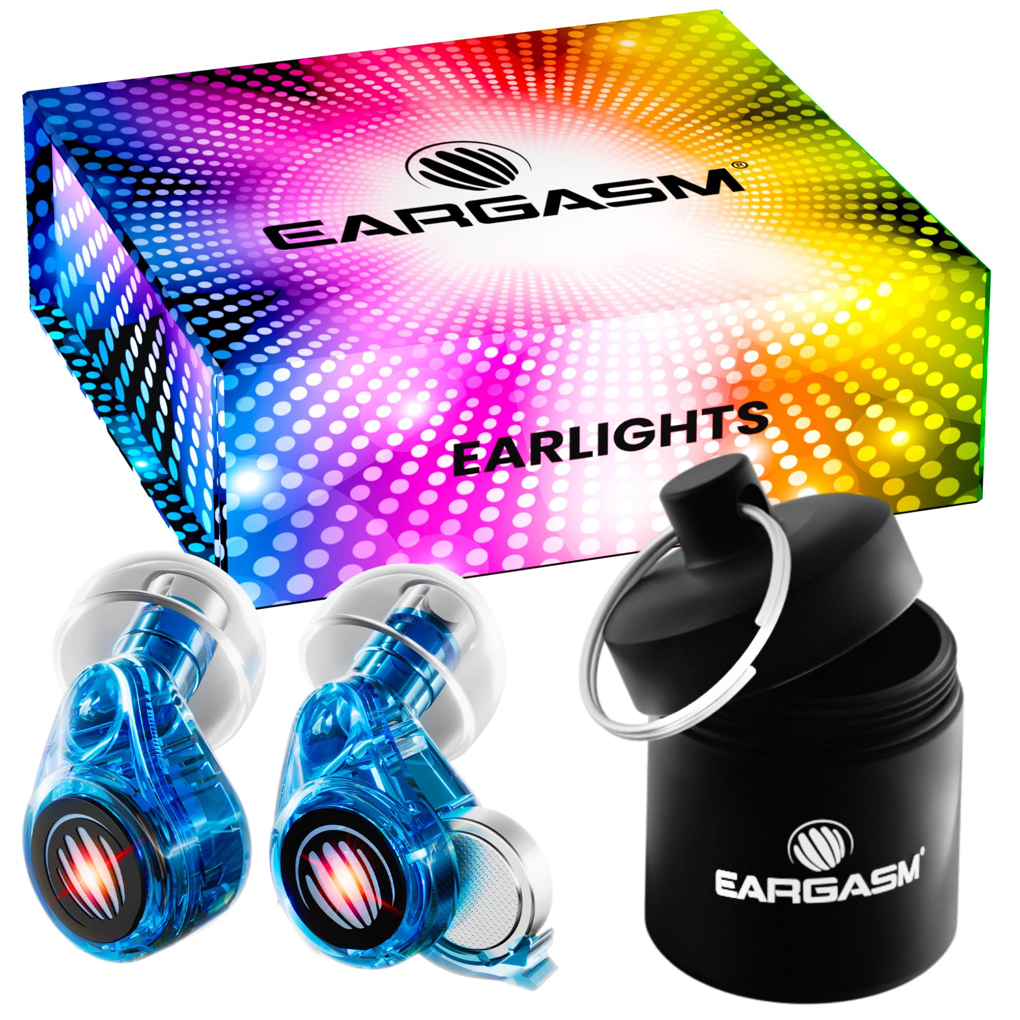 Eargasm Earlights case and light held for portable safety