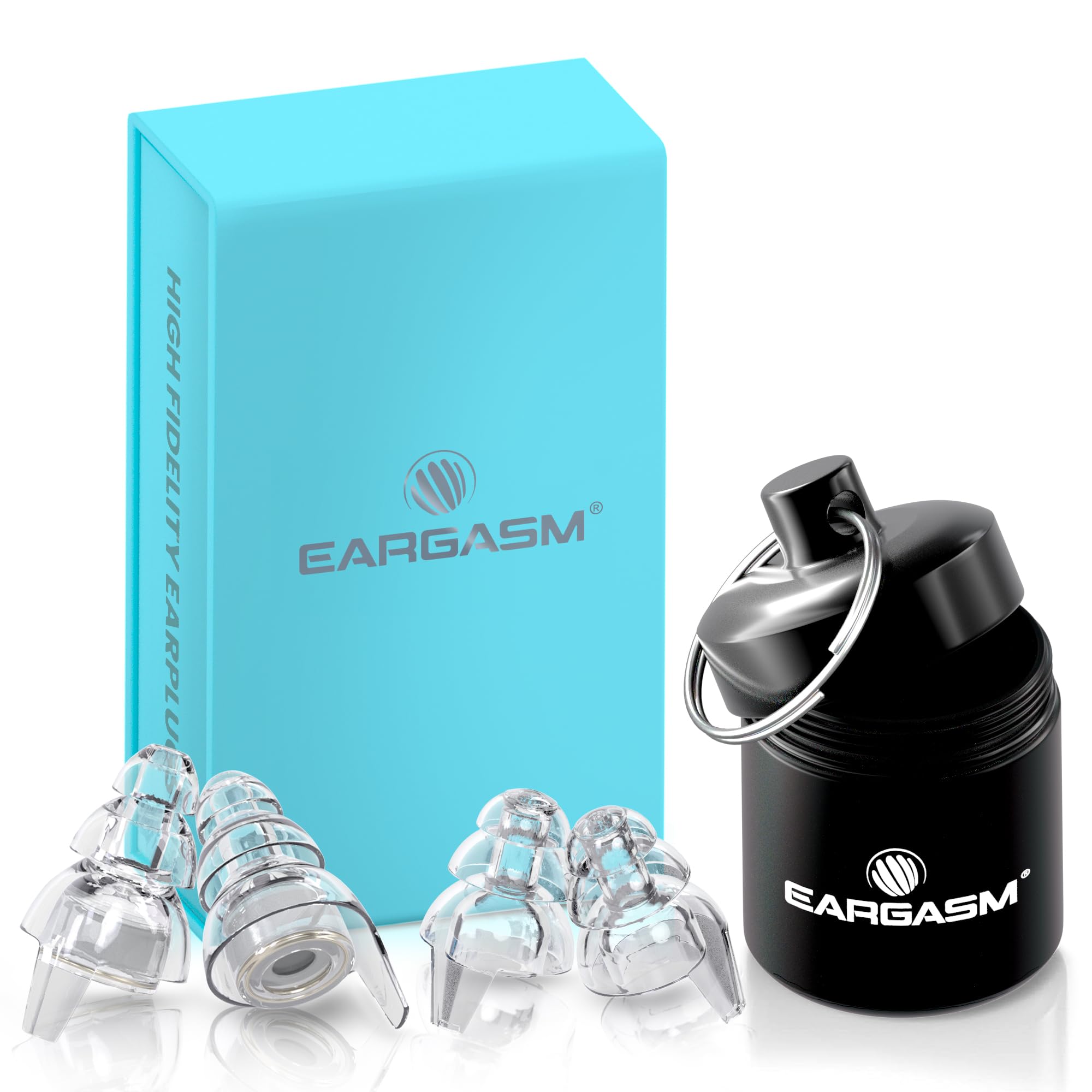 Close-up of Eargasm earplugs at a concert with attenuation filters for safer sound.