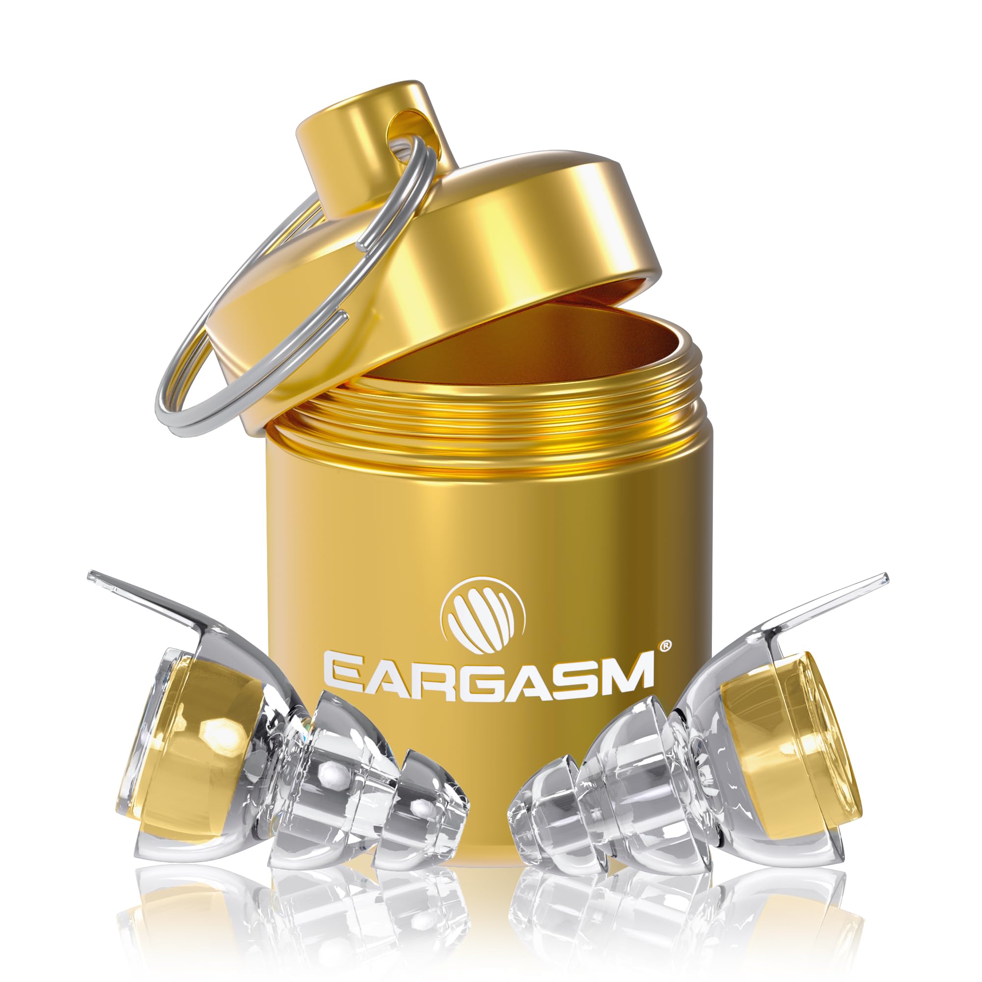 Eargasm high-fidelity earplugs with gold filters and case for premium hearing protection.