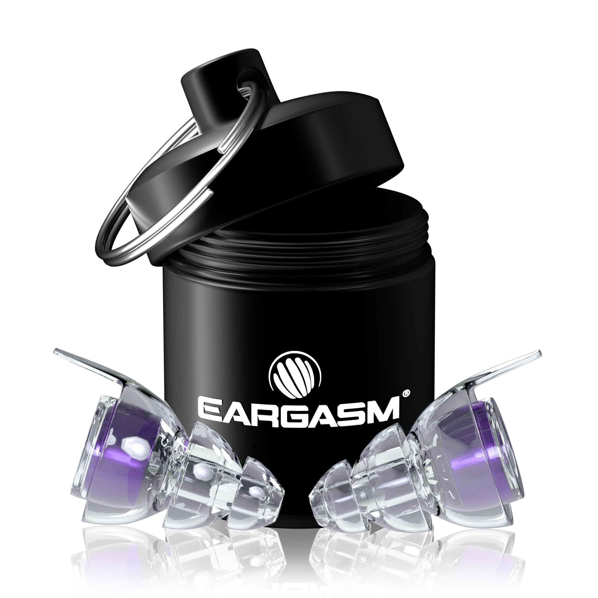 Eargasm High Fidelity Hyperviolet earplug close-up showing dual-sized shells for a comfortable fit