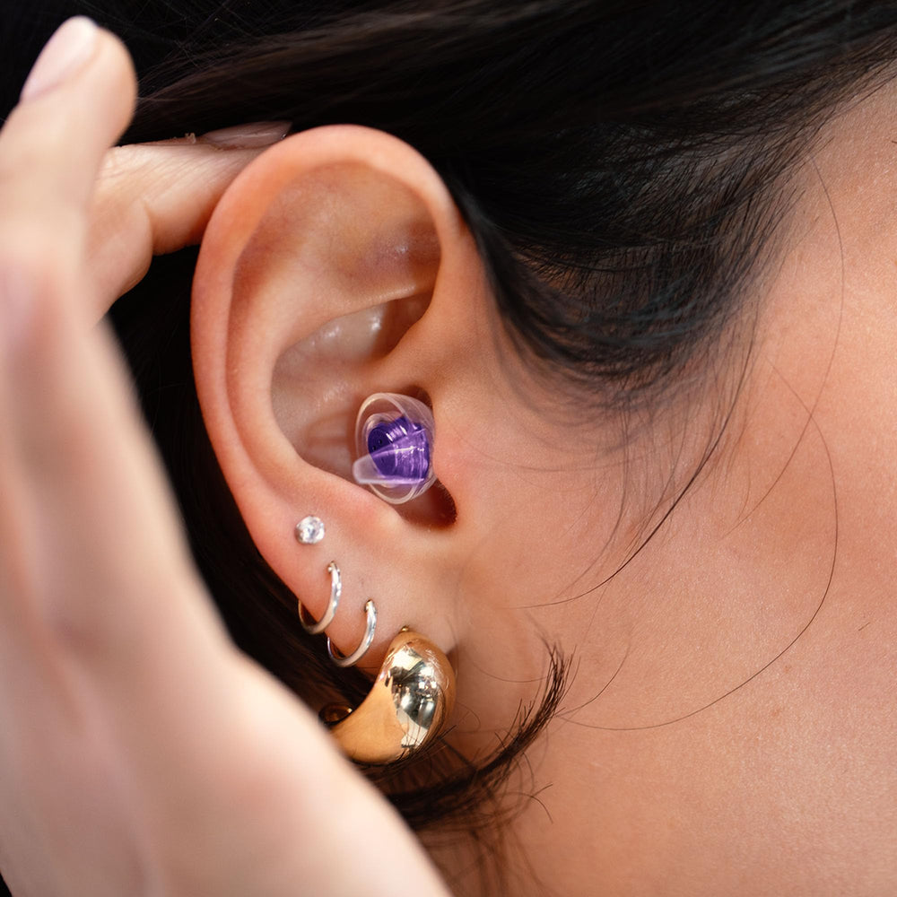 Eargasm Hyperviolet earplugs case and plugs with waterproof seal for safe storage.