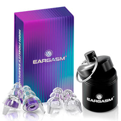 Eargasm Hyperviolet earplugs in waterproof metal case for on-the-go protection