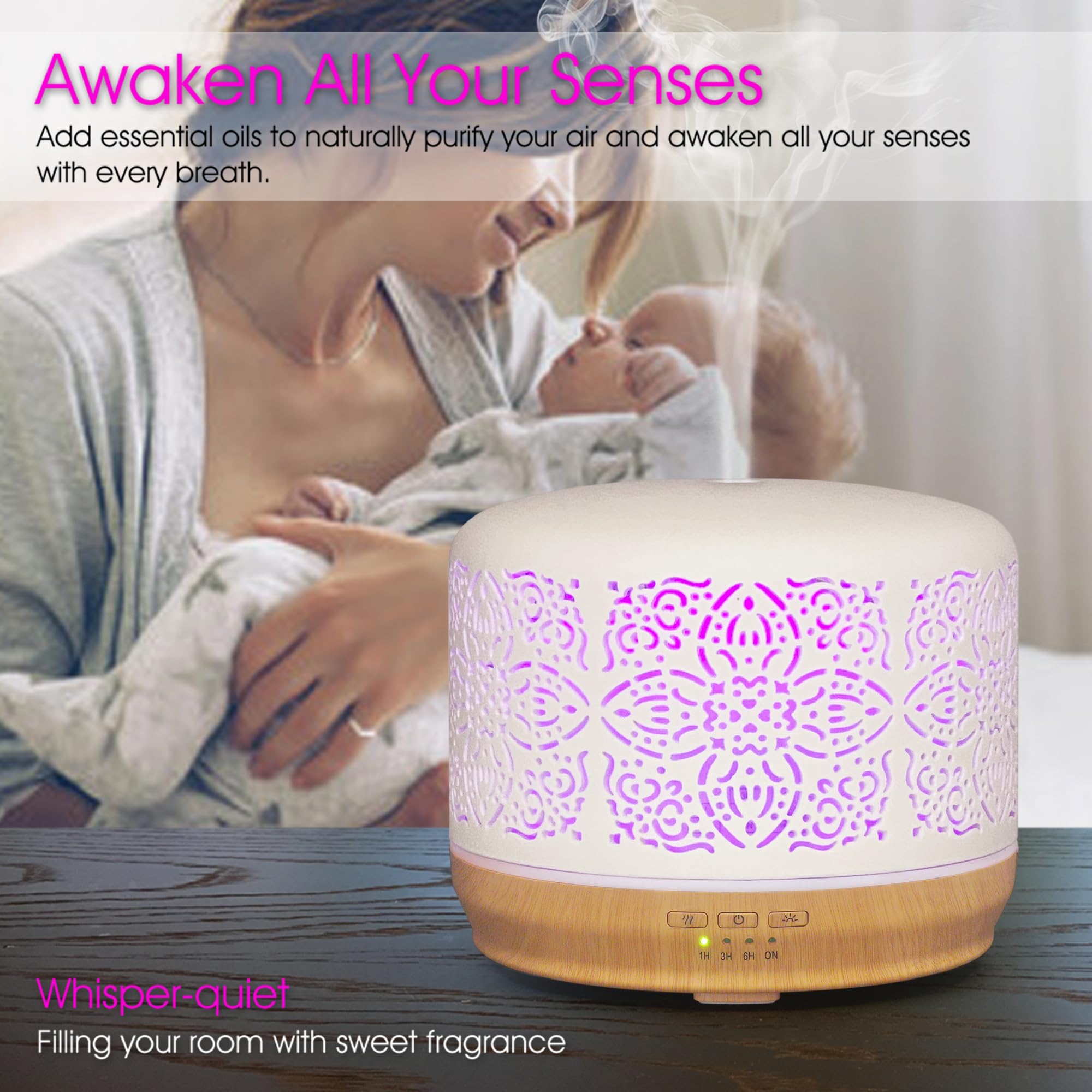 Earnest Living ultrasonic diffuser delivers quiet, cool-mist diffusion.