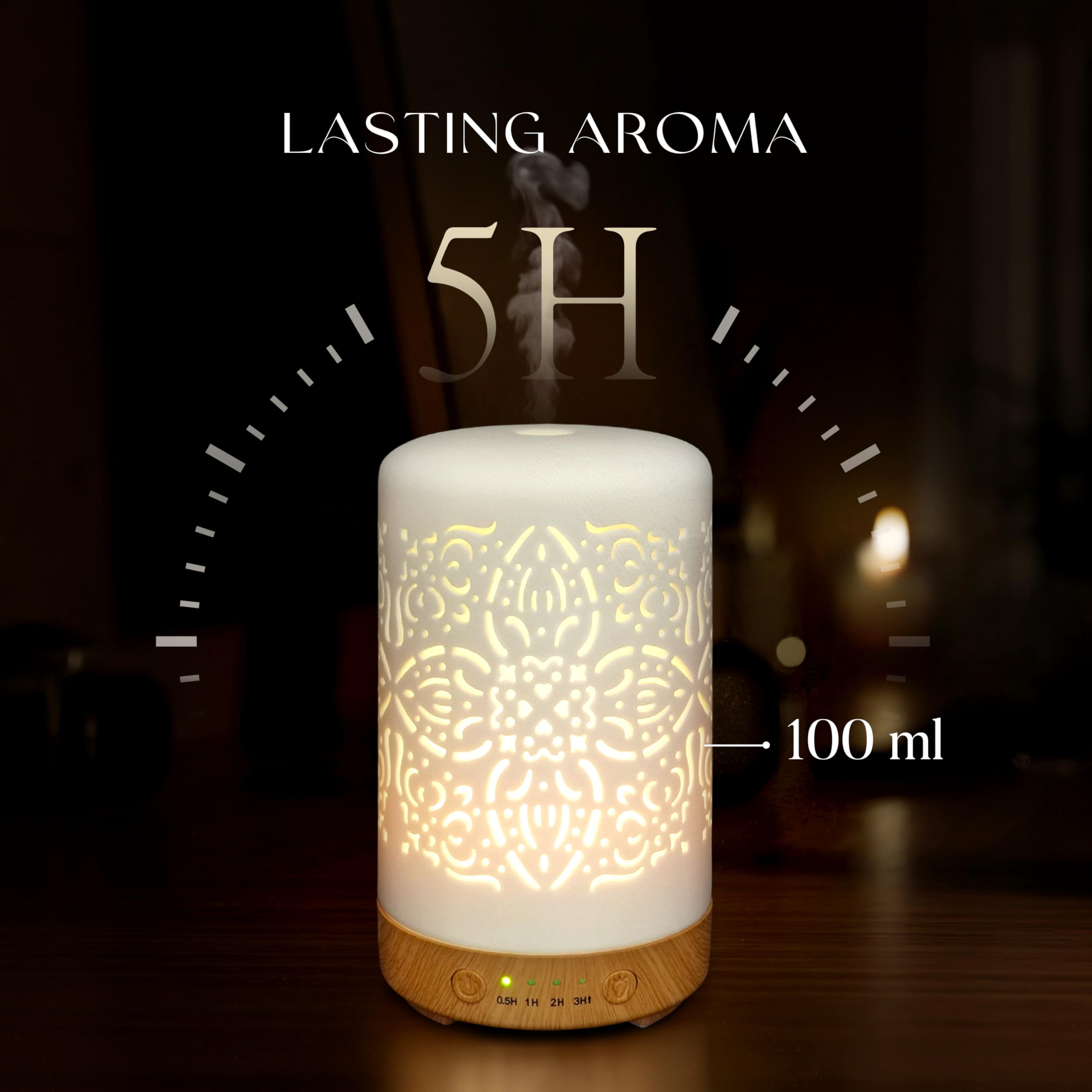 Earnest Living diffuser on a wooden desk with warm ambient light.