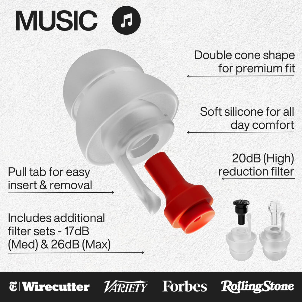 Closeup of EarPeace silicone ear plugs showing soft, hypoallergenic comfort for long performances.