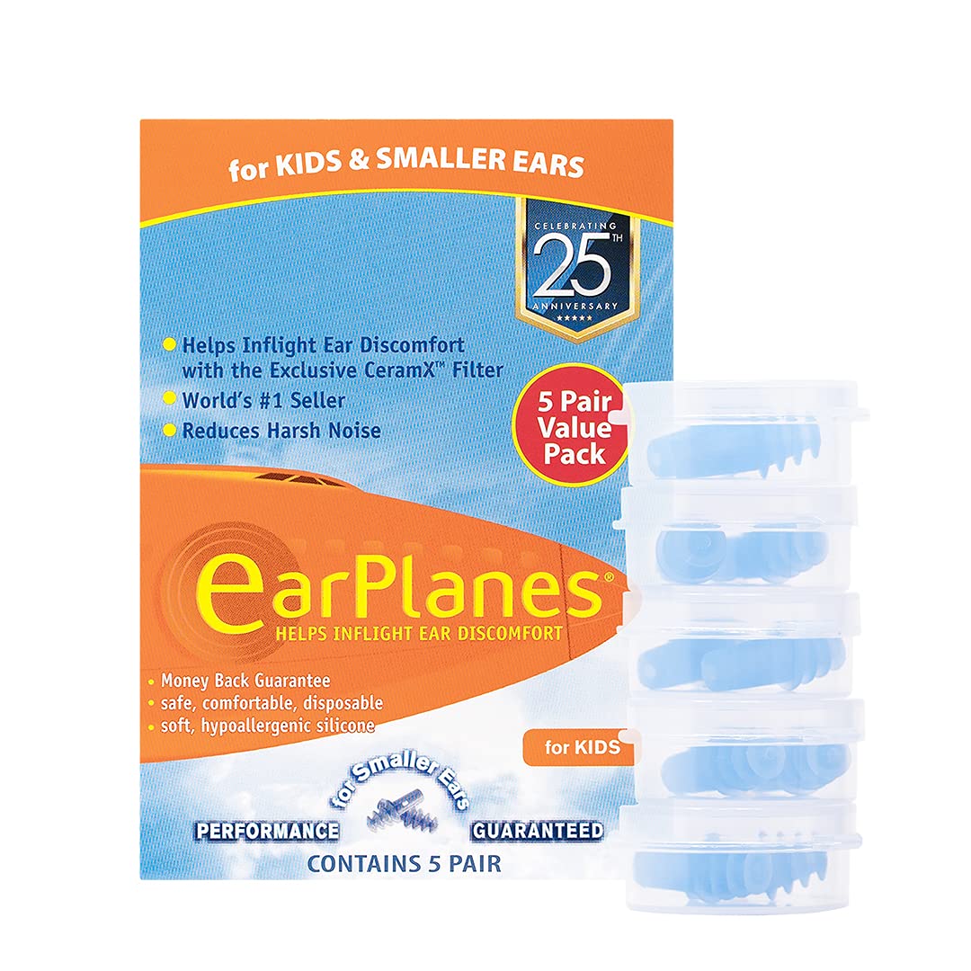 EarPlanes kid-sized ear plugs, pack of five, for smoother takeoffs and landings.