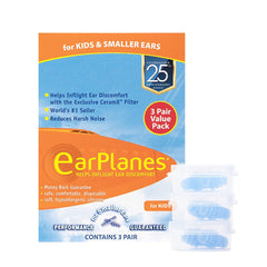 Child wearing EarPlanes to illustrate comfortable fit for small ears during flight.