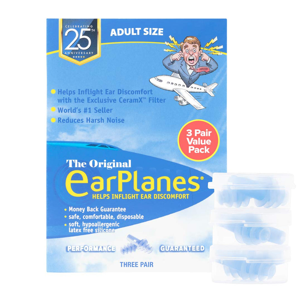 Family using EarPlanes during flight to stay comfortable on long trips