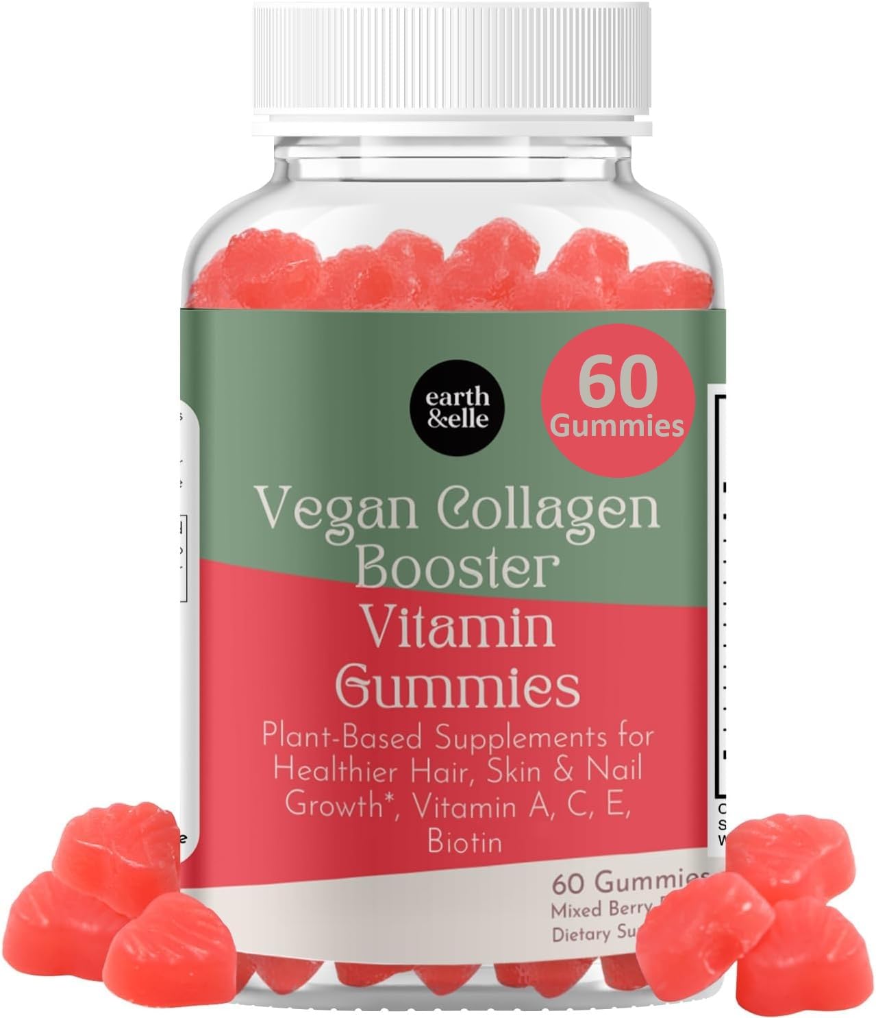 Earth & Elle vegan collagen booster gummies berry bottle showing berry flavor and daily use