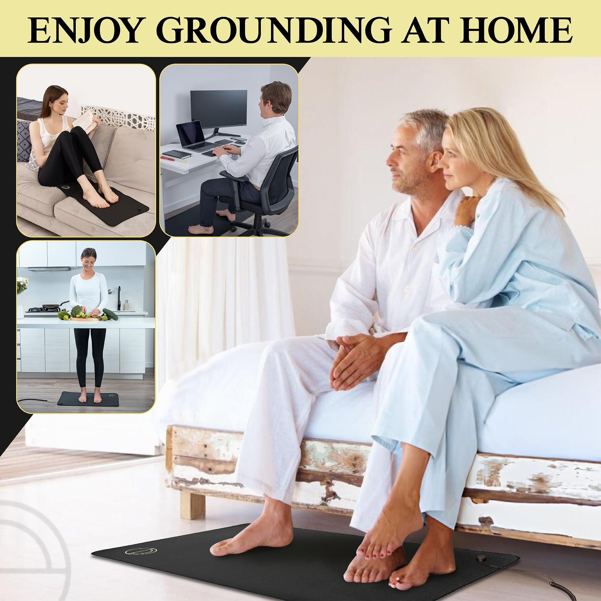 Earth and Moon grounding mat keeps clean, soft surface comfortable under bare feet.