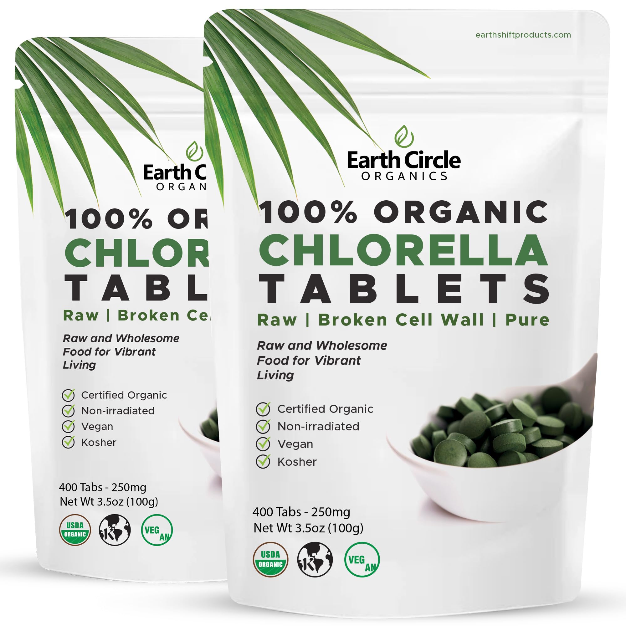 Earth Circle Organics chlorella bottle label shows organic certification and purity.