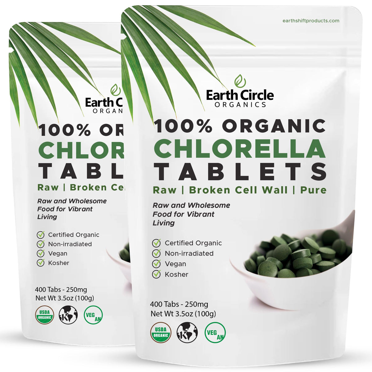 Earth Circle Organics chlorella bottle label shows organic certification and purity.