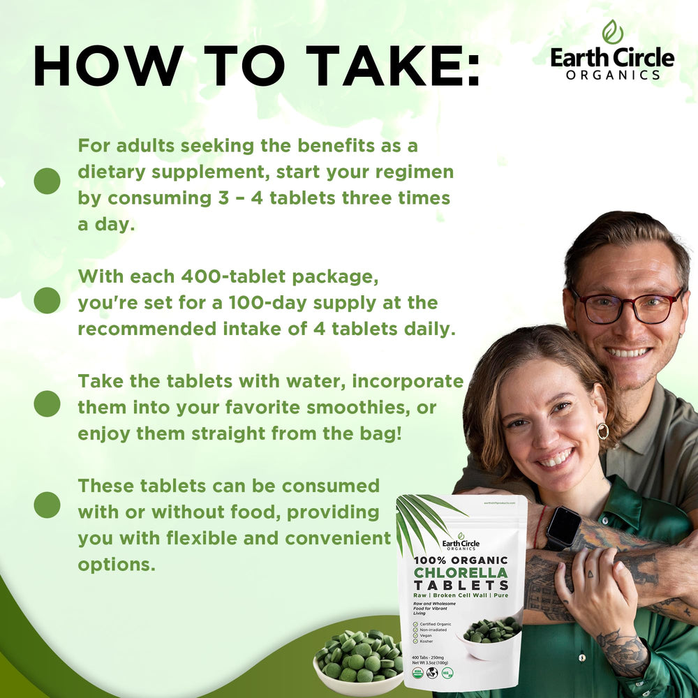 Earth Circle Organics chlorella tablets on kitchen counter for daily routine.