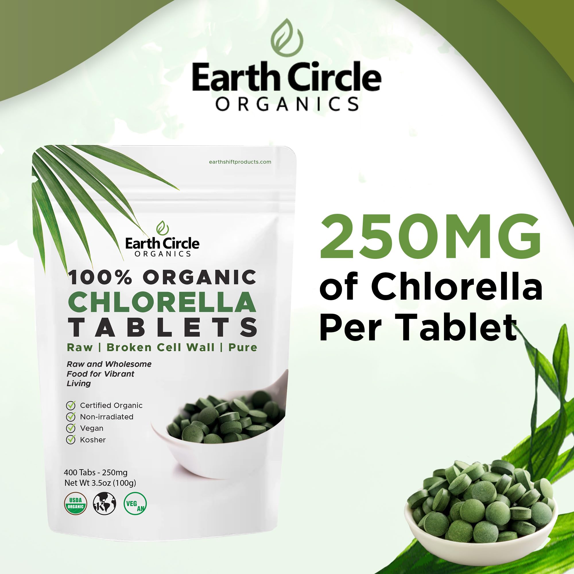 Earth Circle Organics chlorella tablets break cell-wall graphic for better absorption.