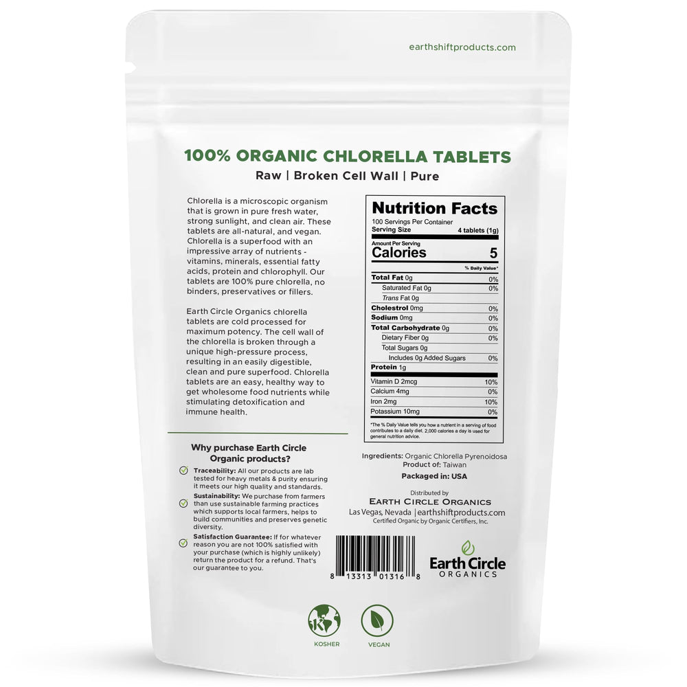 Earth Circle Organics chlorella tablets close-up showing green tablets for energy support.