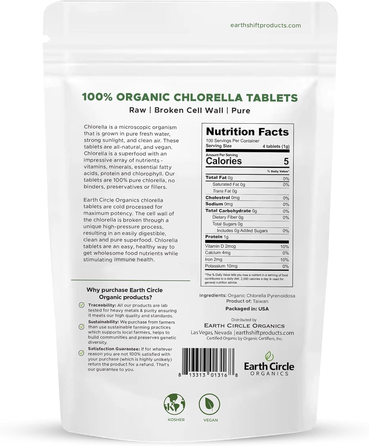 Earth Circle Organics chlorella tablets closeup, compact and easy to swallow.