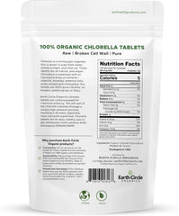 Earth Circle Organics chlorella tablets closeup, compact and easy to swallow.