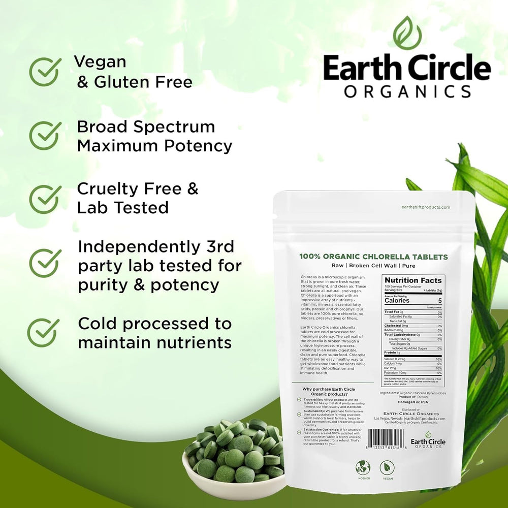 Earth Circle Organics chlorella tablets dosage chart for easy daily regimen.