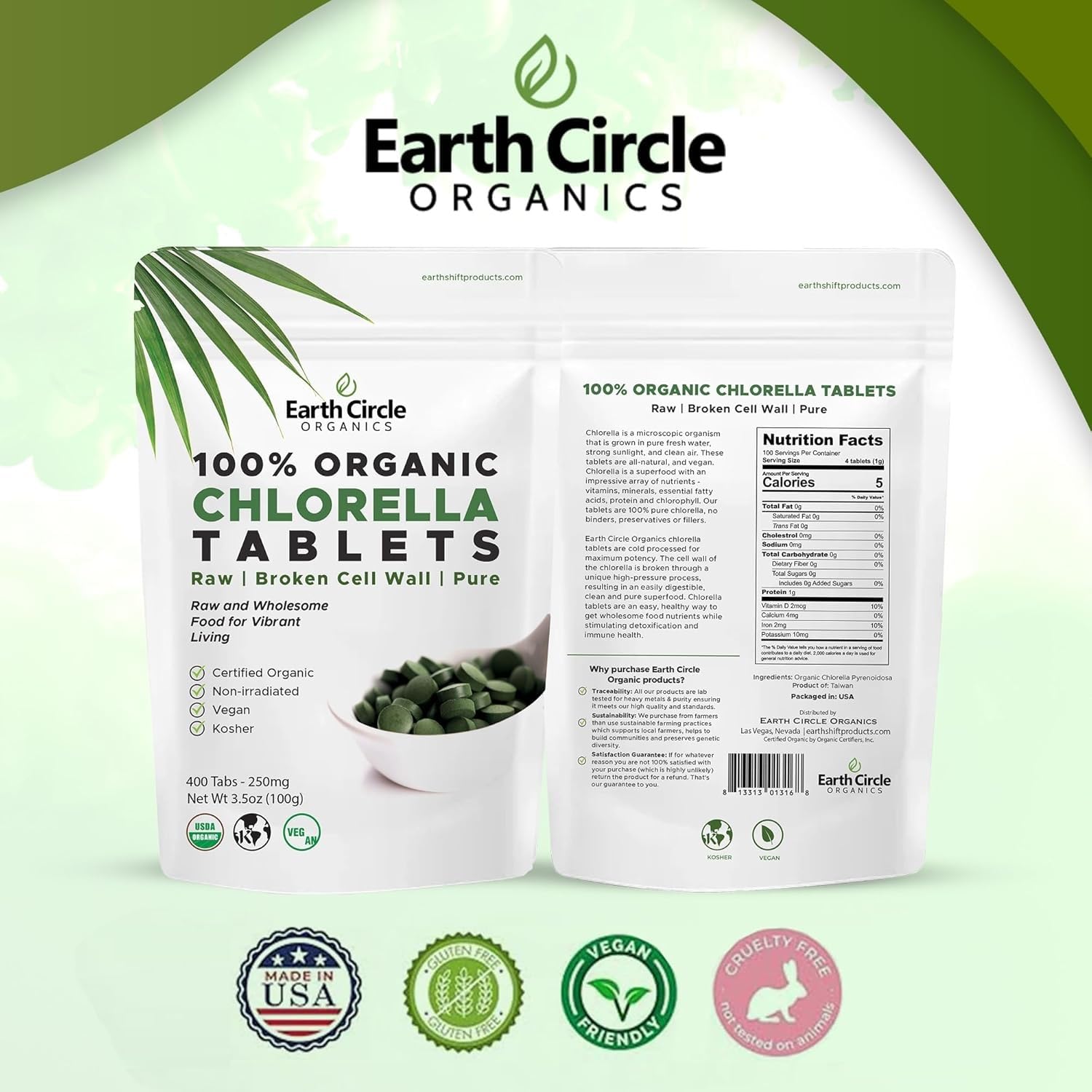 Earth Circle Organics chlorella tablets ready to blend into smoothies for easy daily use.