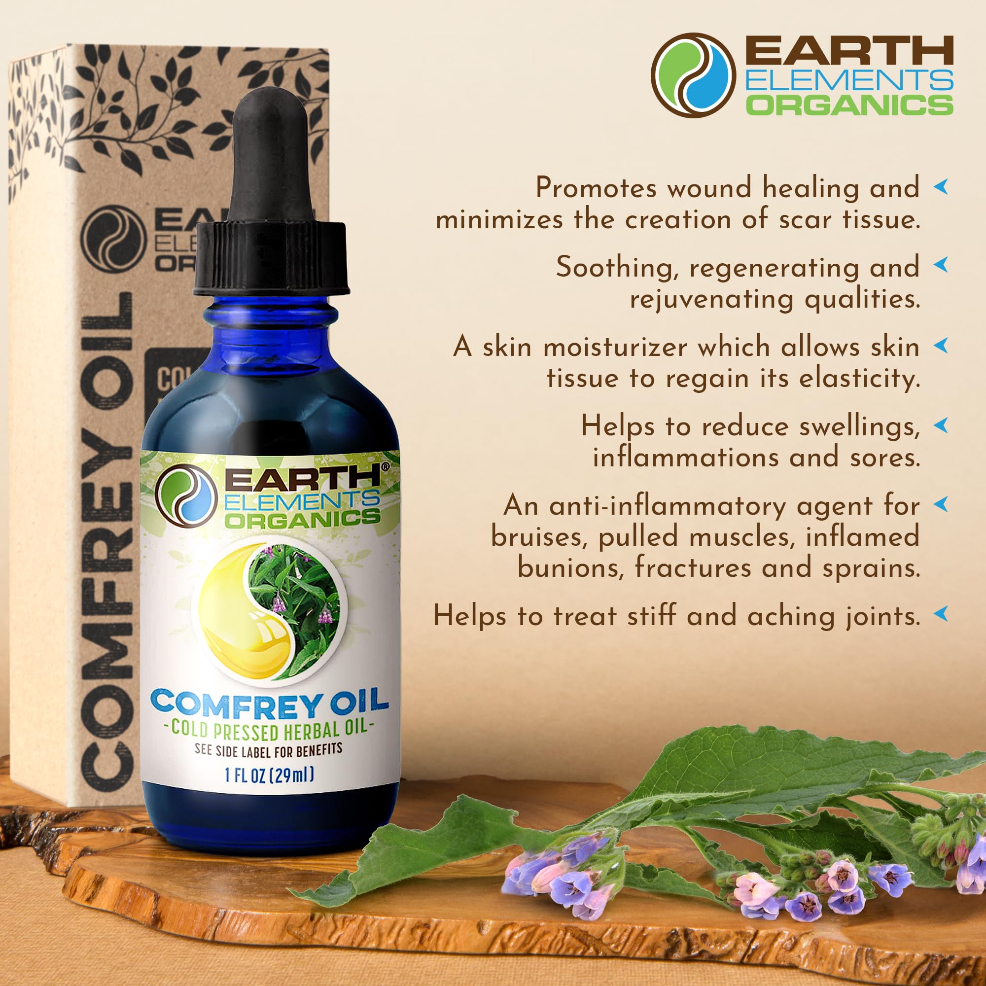 Earth Elements Organics Comfrey Body Oil after-exercise use for soothing massage.