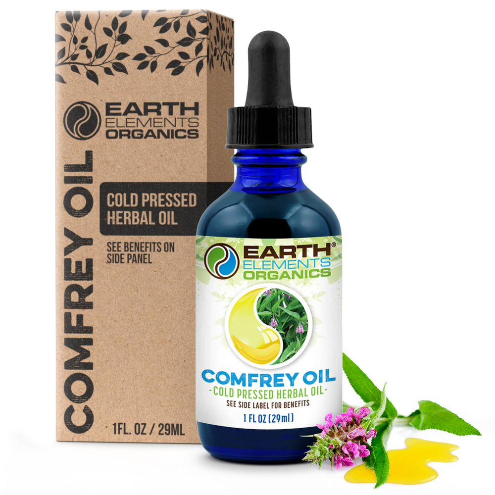 Earth Elements Organics Comfrey Body Oil bottle closeup for unscented herbal skin care.