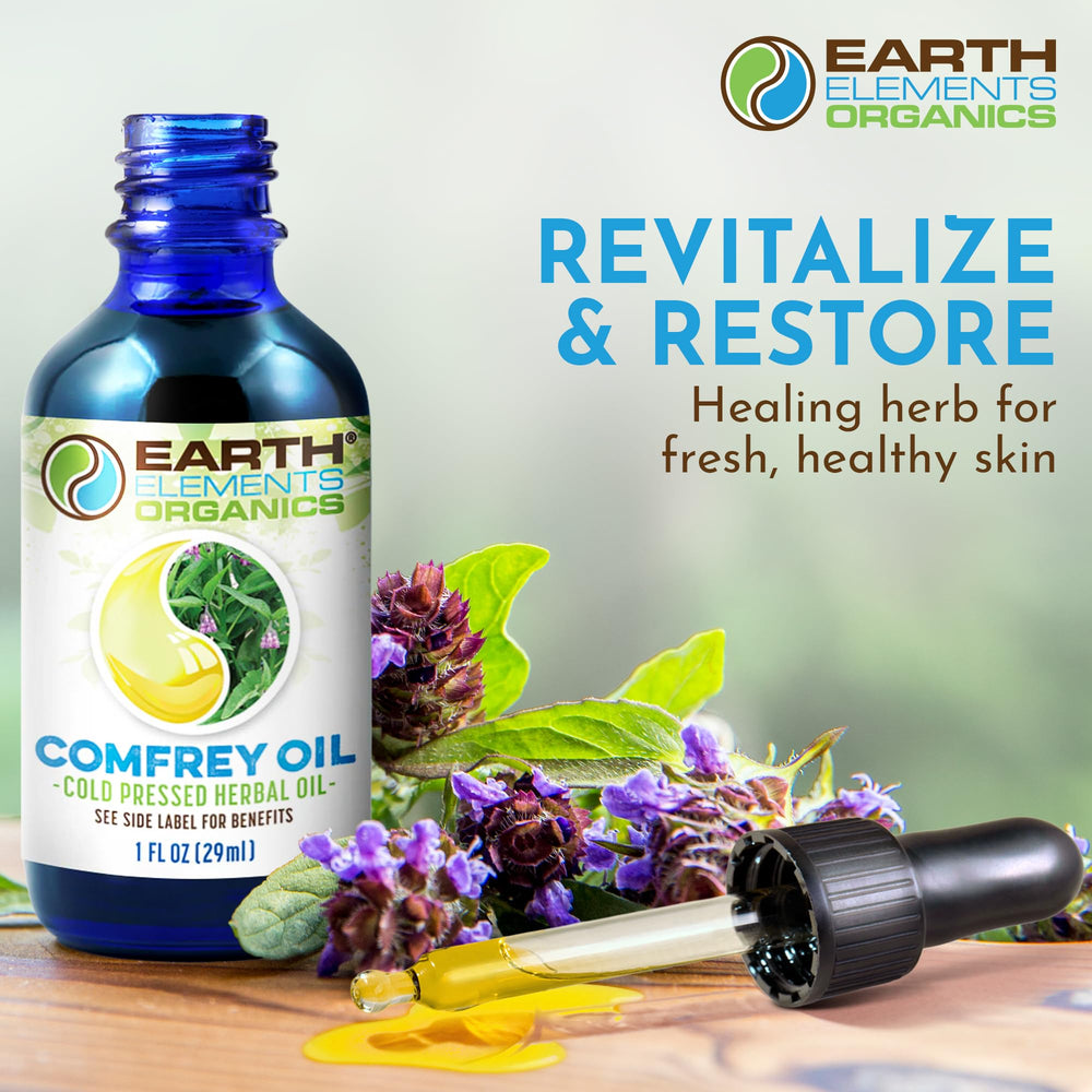 Earth Elements Organics Comfrey Oil suitable for family use on kids and adults.
