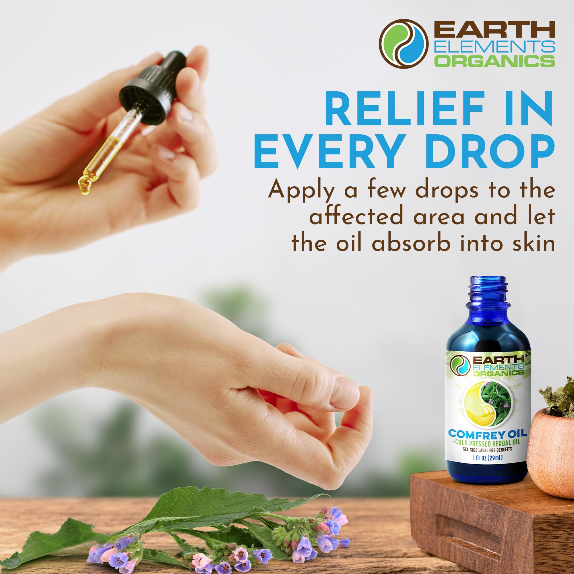 Earth Elements Organics Comfrey Oil in durable reusable glass packaging.