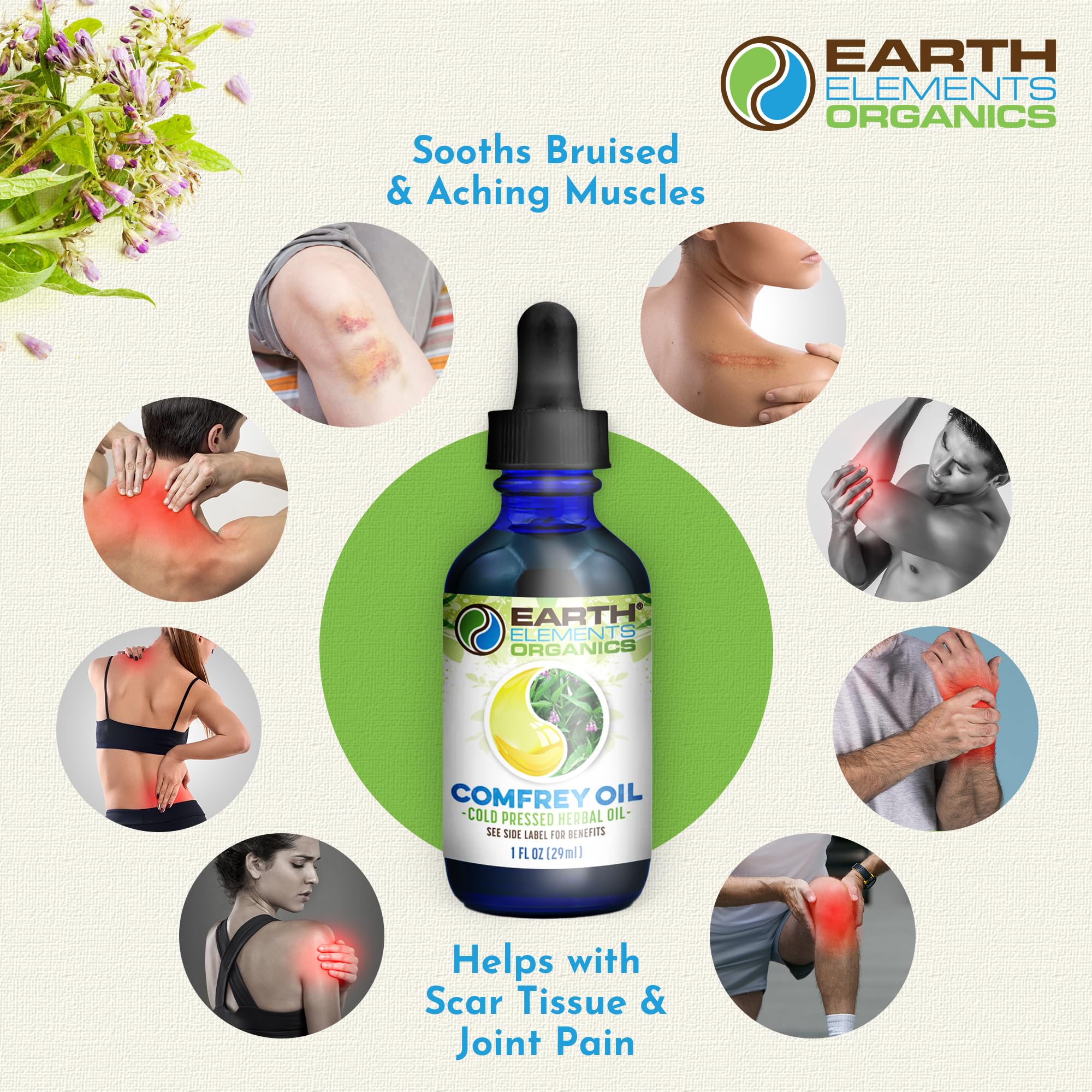 Earth Elements Organics Comfrey Leaf infusion scene highlighting natural ingredients.